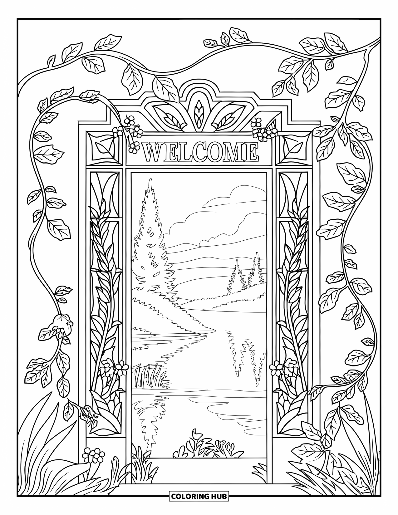 Welcome Coloring Page for Adults: Vines and flowers surround a carved doorway with "WELCOME" above