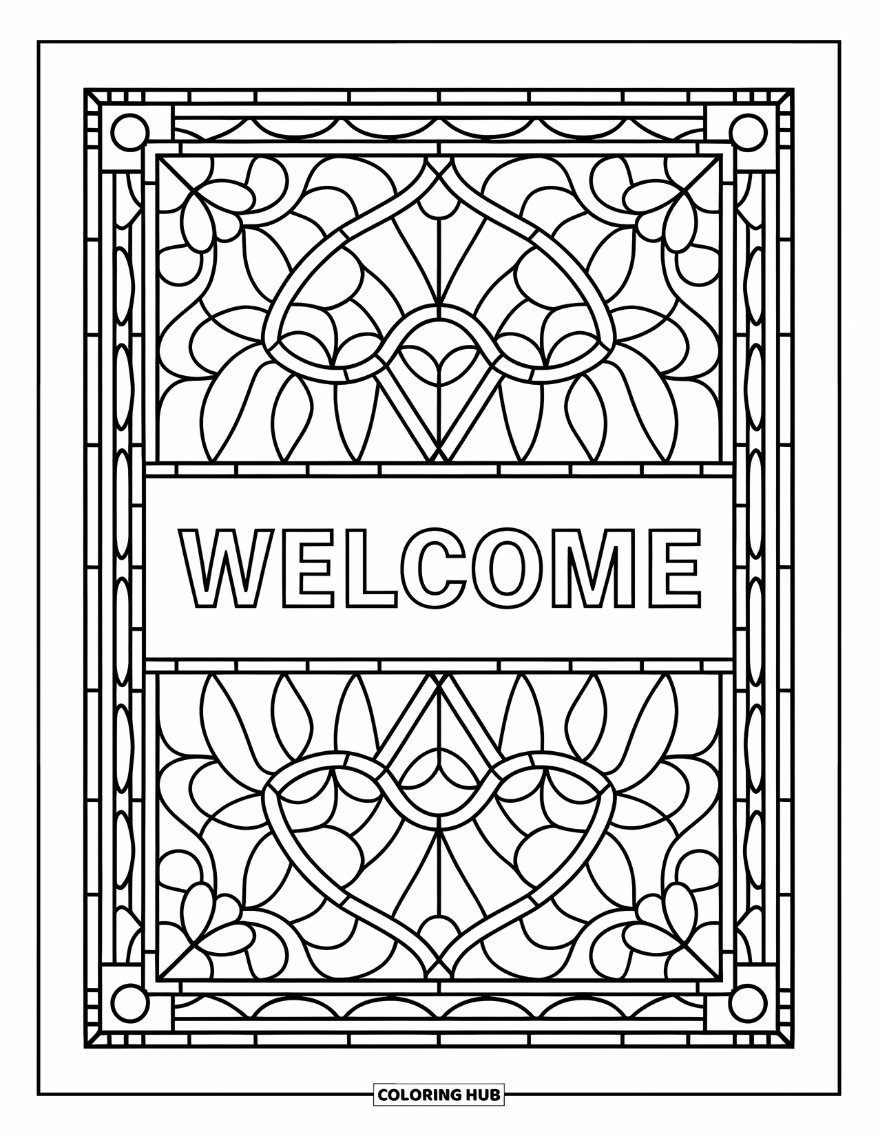 Welcome Coloring Page for Adults: "WELCOME" glows within a stained glass frame of leaves and shapes