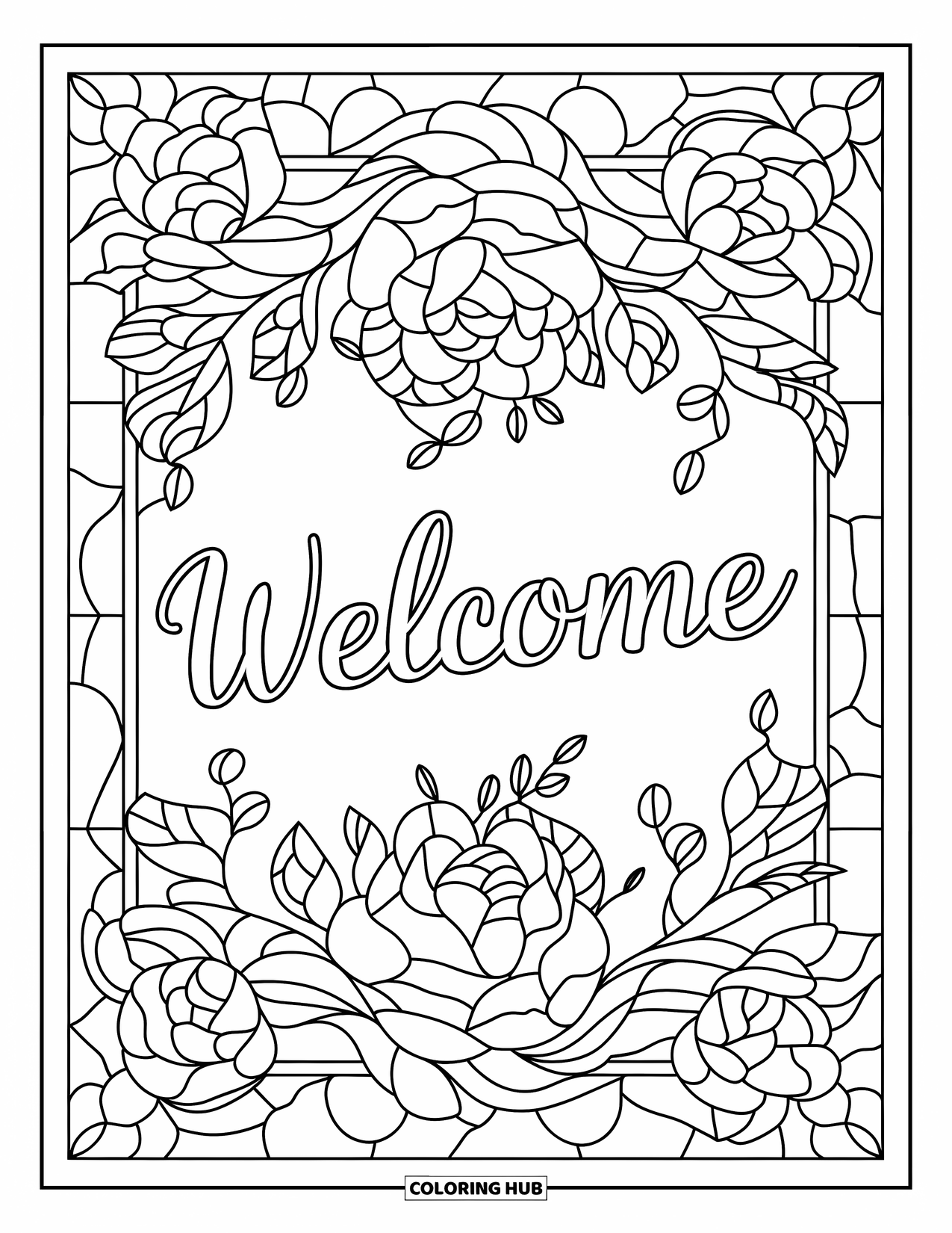 Welcome Coloring Page for Adults: "WELCOME" shines within stained glass roses and leafy patterns