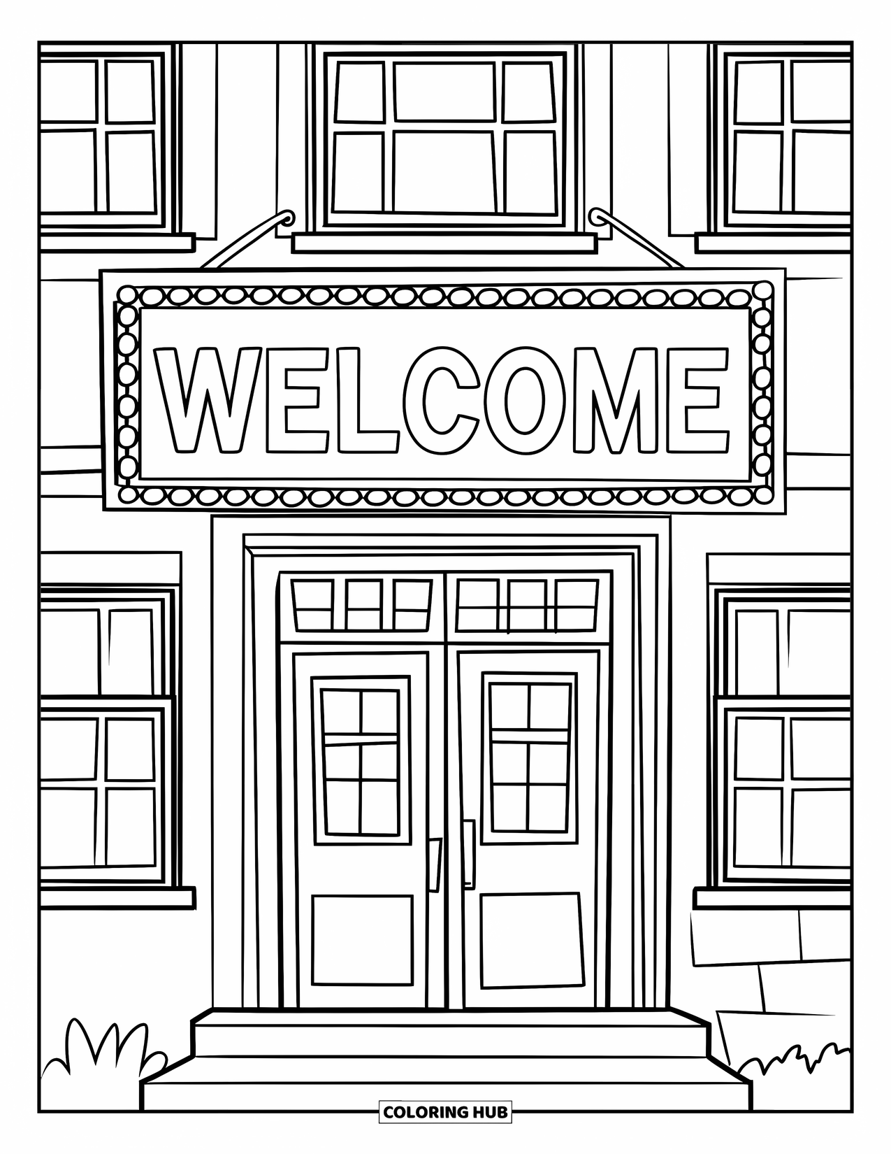 Welcome Coloring Page for Kids: A bright school entrance displays a "WELCOME" sign