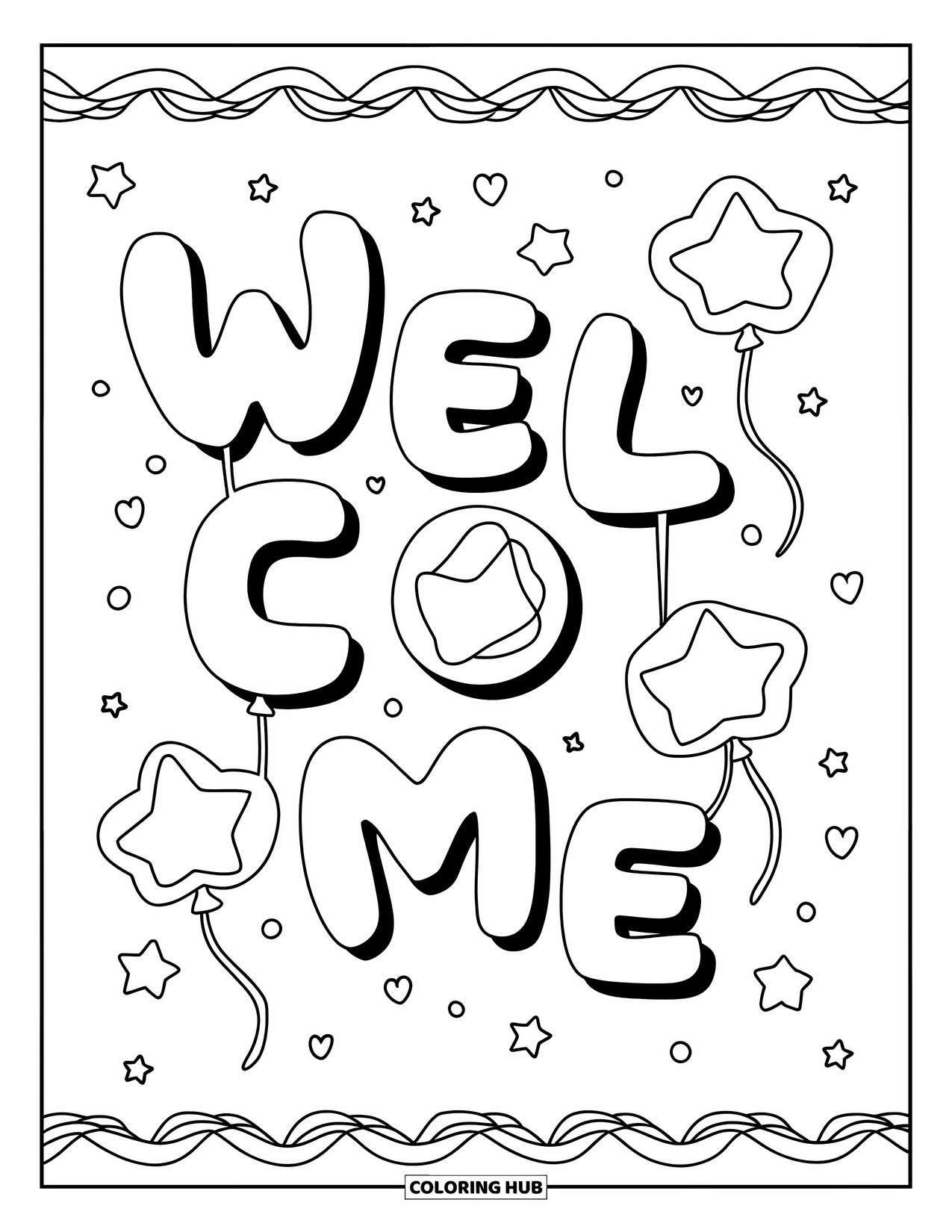 Welcome Coloring Page for Kids: A bubbly "WELCOME" title with stars and ribbons framing the page