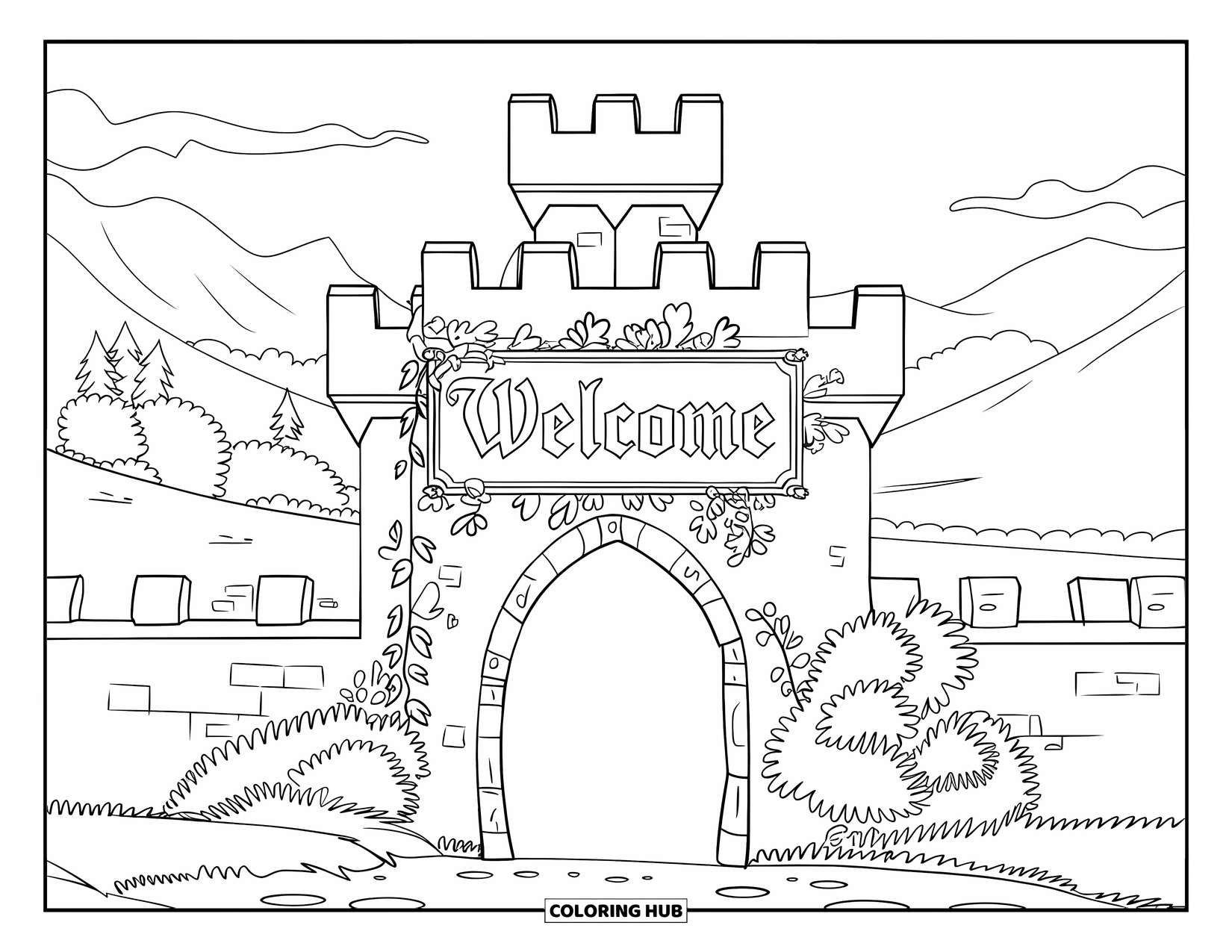 Welcome Coloring Page for Kids: A castle archway with "WELCOME" framed by leaves and stone