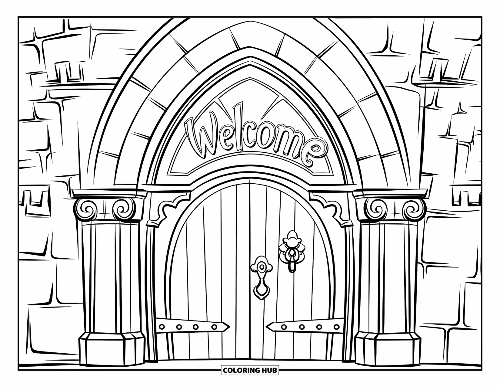 Welcome Coloring Page for Kids: A detailed castle archway has "WELCOME" carved above wooden doors