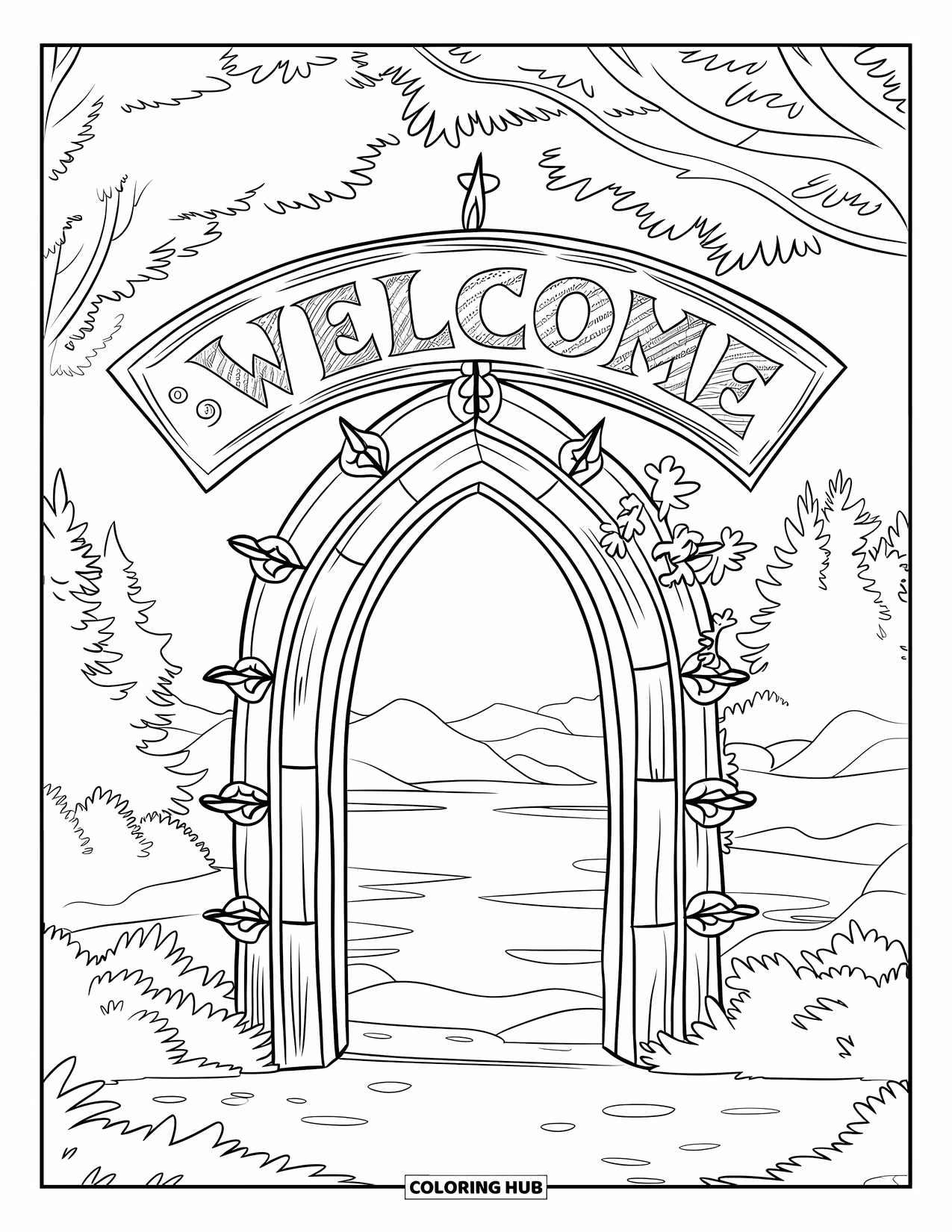 Welcome Coloring Page for Kids: A gothic arch doorway bears an ornate "WELCOME" above carved stone