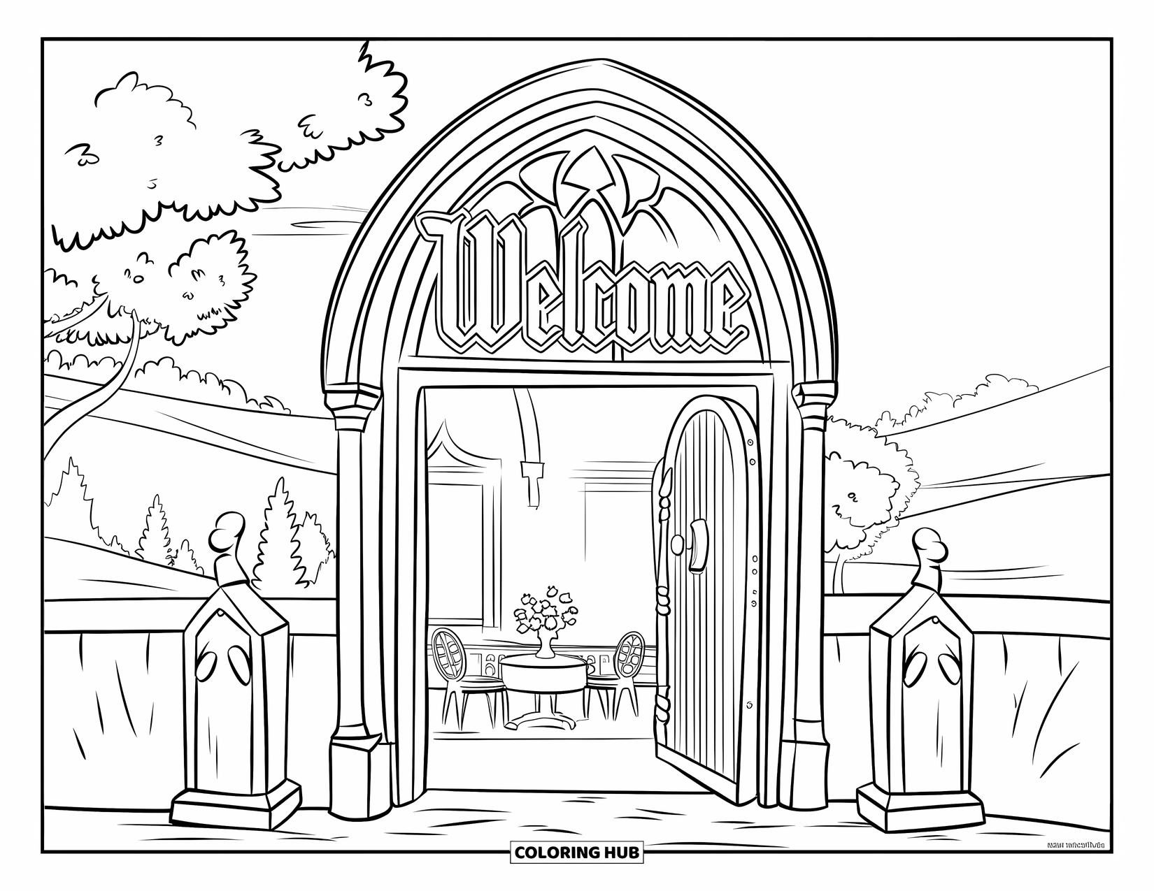 Welcome Coloring Page for Kids: A gothic entryway with "WELCOME" opens to a peaceful garden beyond
