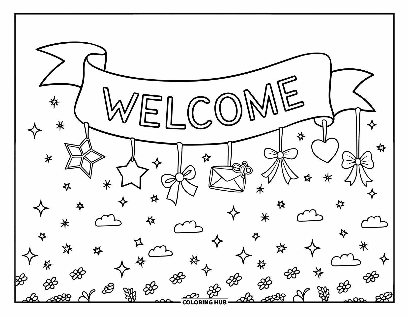 Welcome Coloring Page for Kids: A large ribbon with "WELCOME" dangles tiny stars, hearts, and clouds below