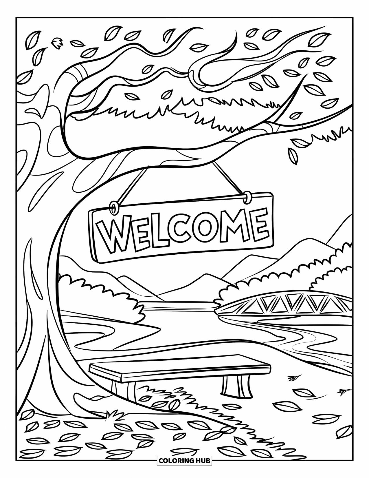 Welcome Coloring Page for Kids: A leafy tree holds a "WELCOME" sign with a bench beneath