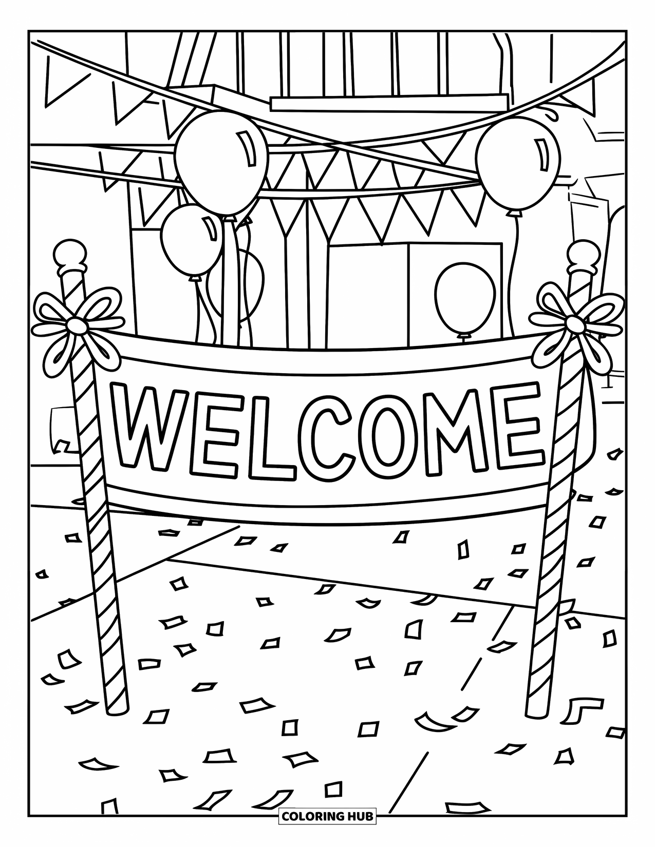 Welcome Coloring Page for Kids: A party "WELCOME" banner held by poles surrounded by balloons