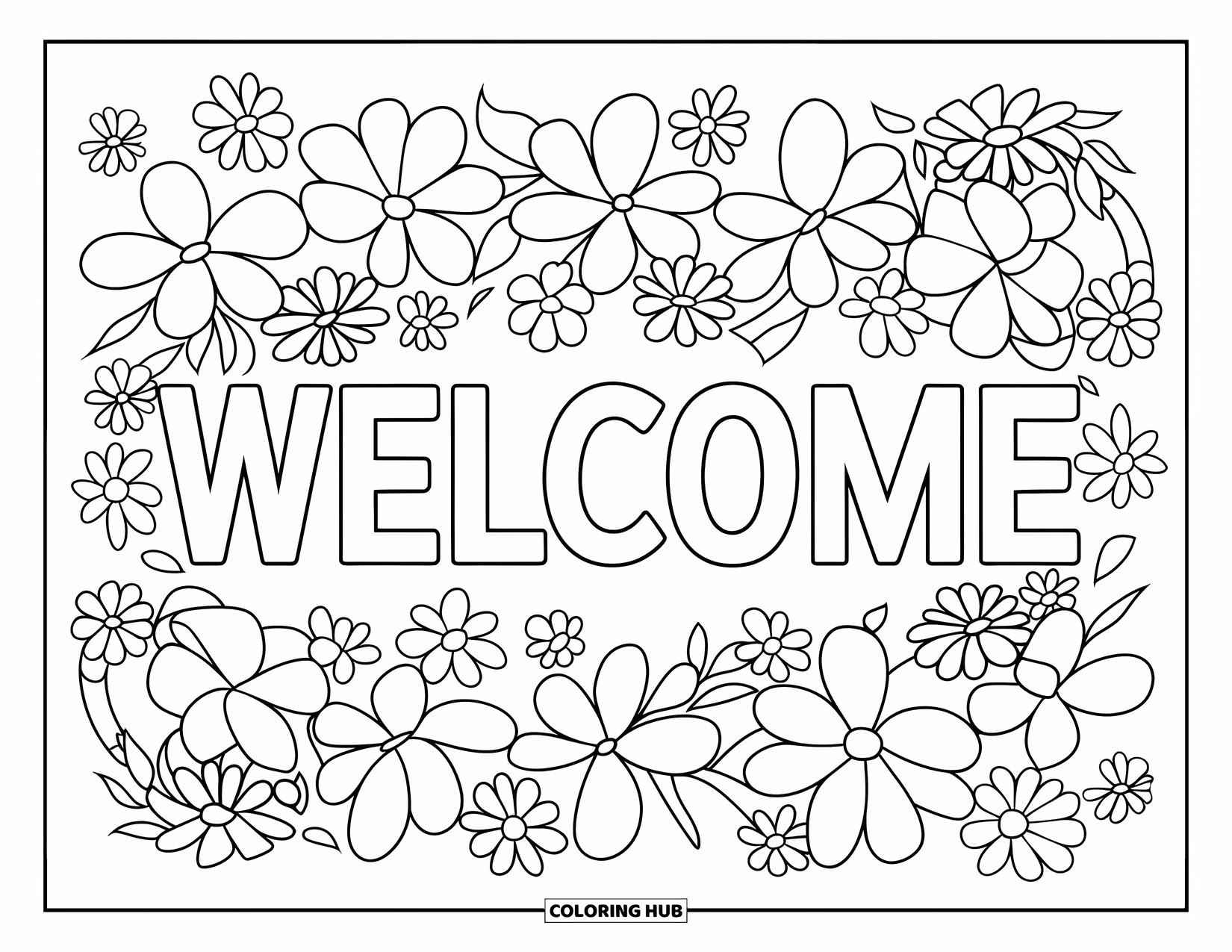 Welcome Coloring Page for Kids: A playful floral "WELCOME" with large, bold shapes for coloring