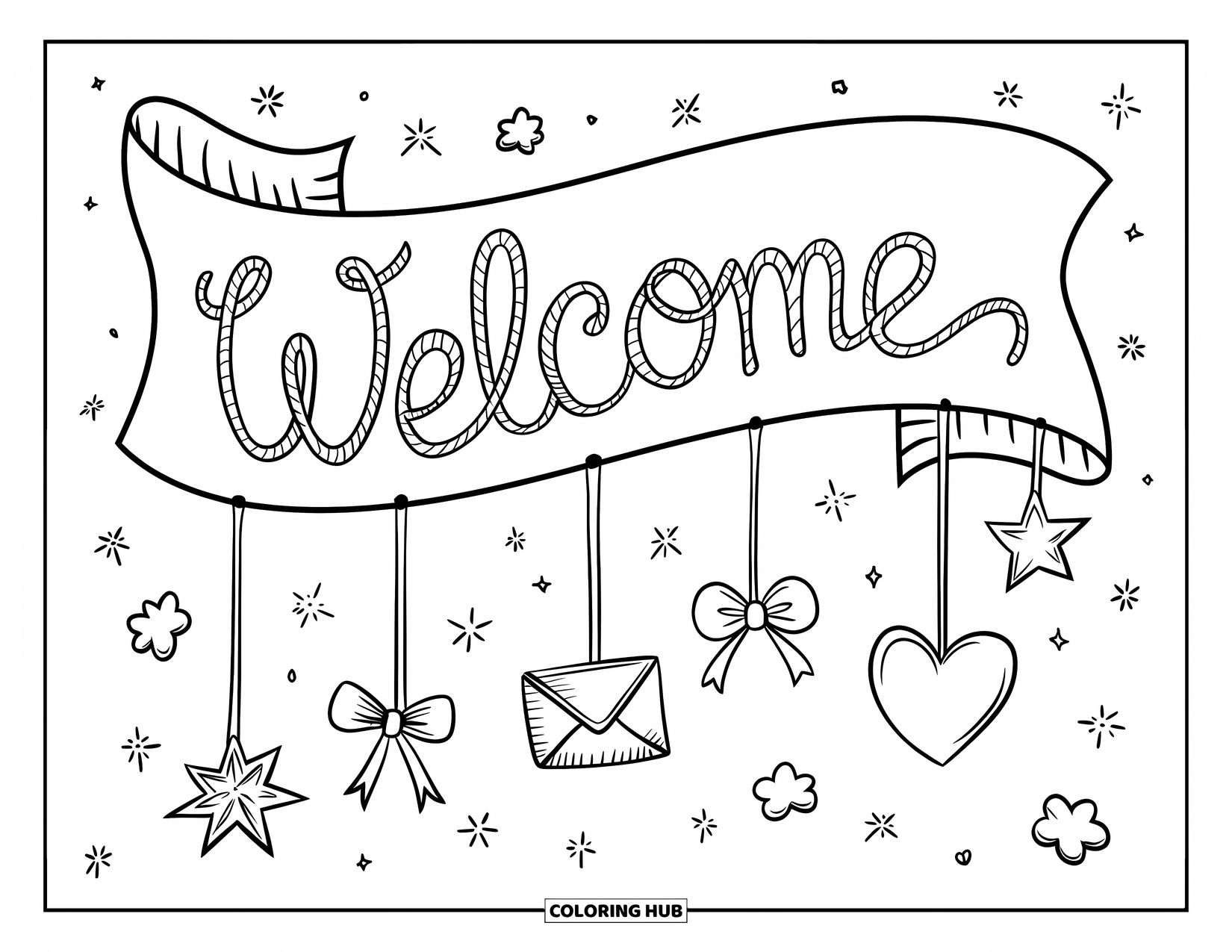 Welcome Coloring Page for Kids: A ribbon with "WELCOME" hangs above doodles of stars, bows, and hearts