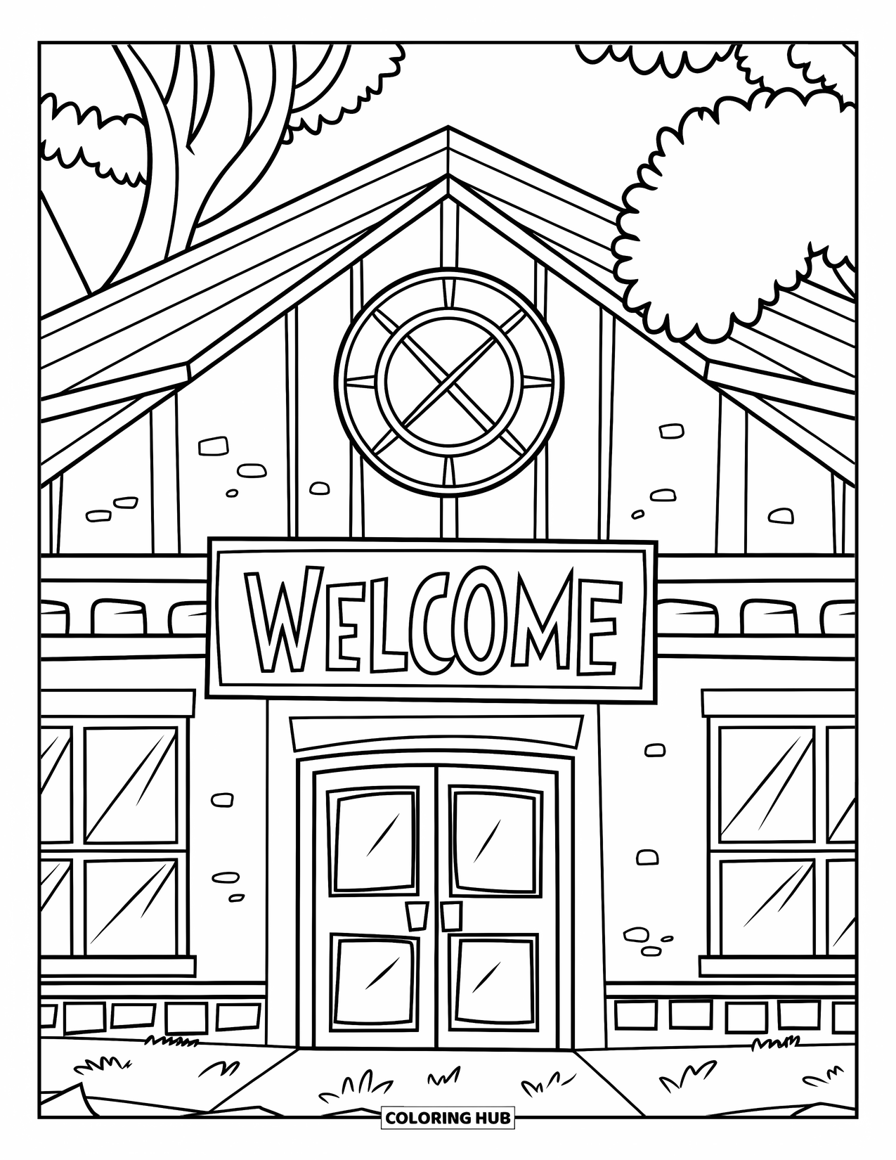 Welcome Coloring Page for Kids: A school building has "WELCOME" above its tall doorway