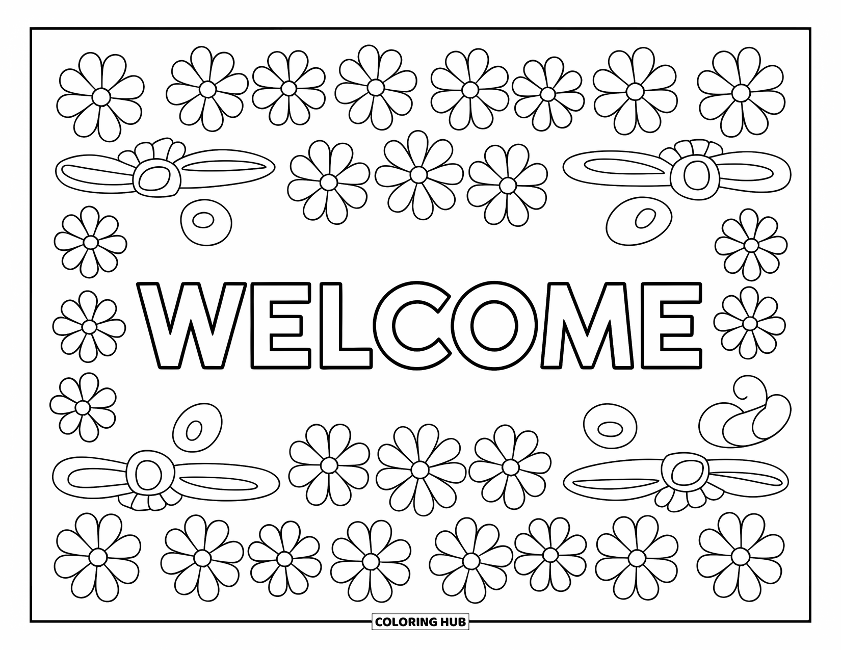 Welcome Coloring Page for Kids: A simple "WELCOME" framed by big flowers and curly swirls