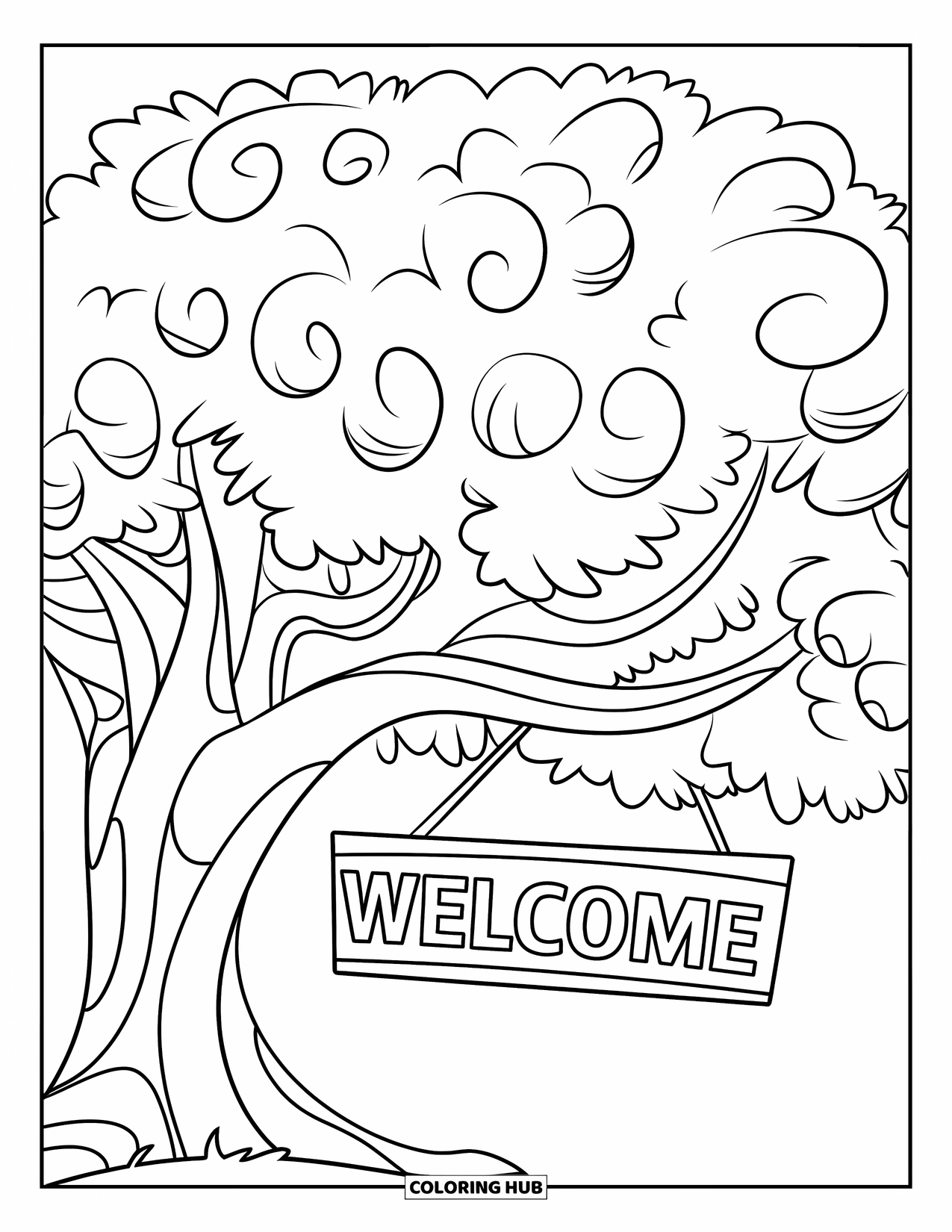 Welcome Coloring Page for Kids: A single tree with swirling leaves holds a "WELCOME" sign