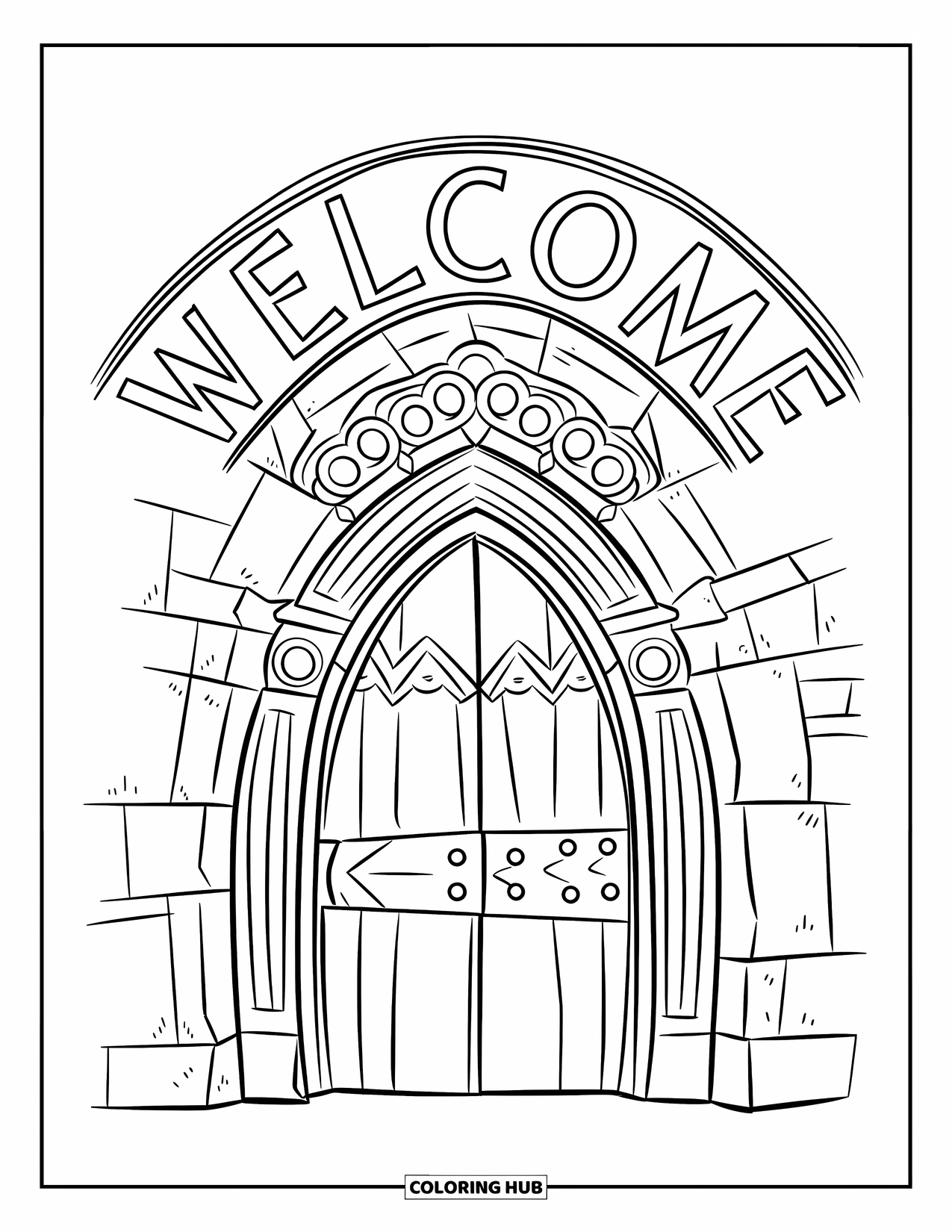 Welcome Coloring Page for Kids: A stone arch doorway with a "WELCOME" sign stands against a white sky