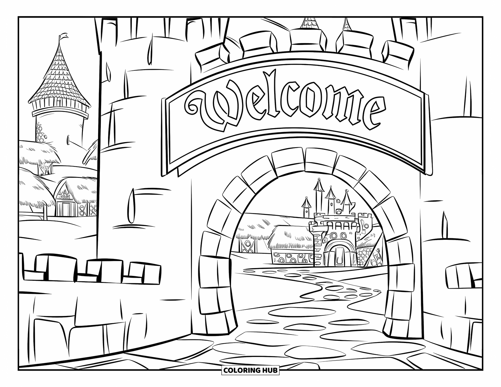 Welcome Coloring Page for Kids: A stone arch leads into a castle village with "WELCOME" above