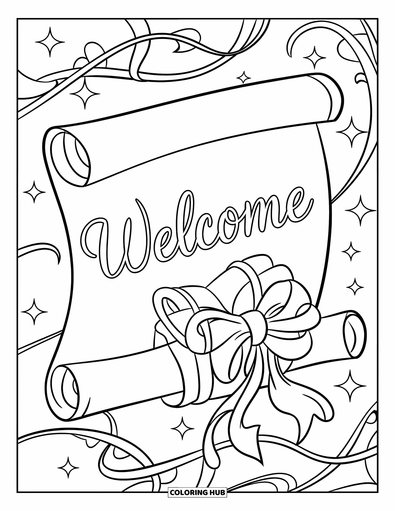 Welcome Coloring Page for Kids: A tied ribbon scroll with "WELCOME" surrounded by vines and sparkles