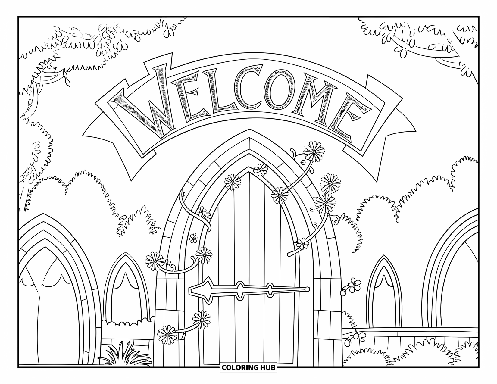 Welcome Coloring Page for Kids: A vine-covered gothic arch displays "WELCOME" under a castle tower