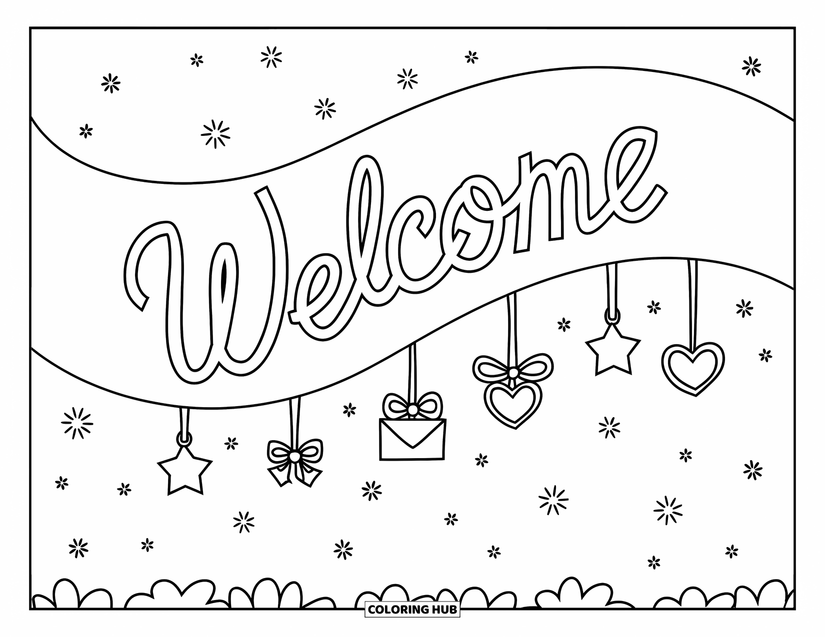 Welcome Coloring Page for Kids: A waving ribbon reading "WELCOME" with stars and hearts hanging below