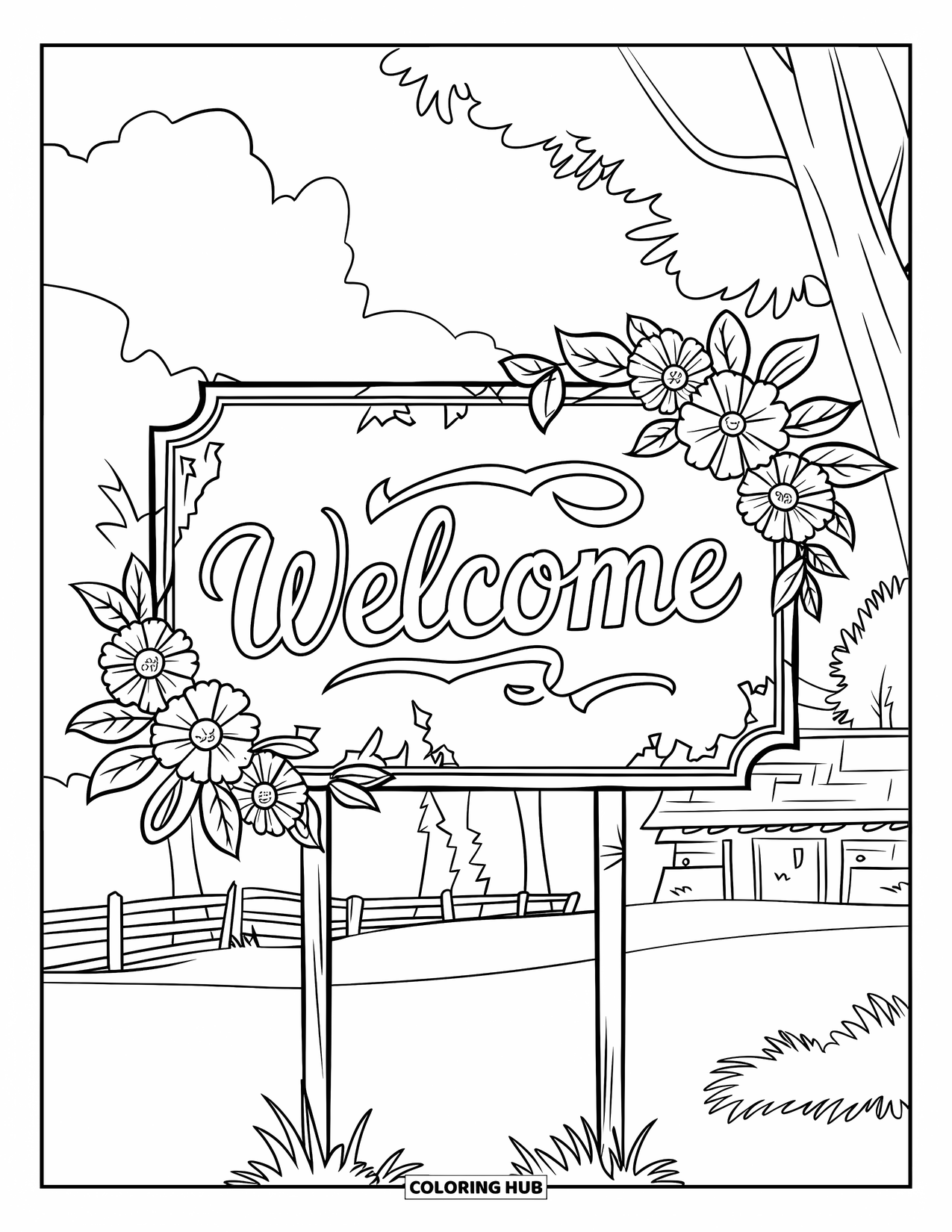 Welcome Coloring Page for Kids: A weathered "WELCOME" board framed with flowers and leaves