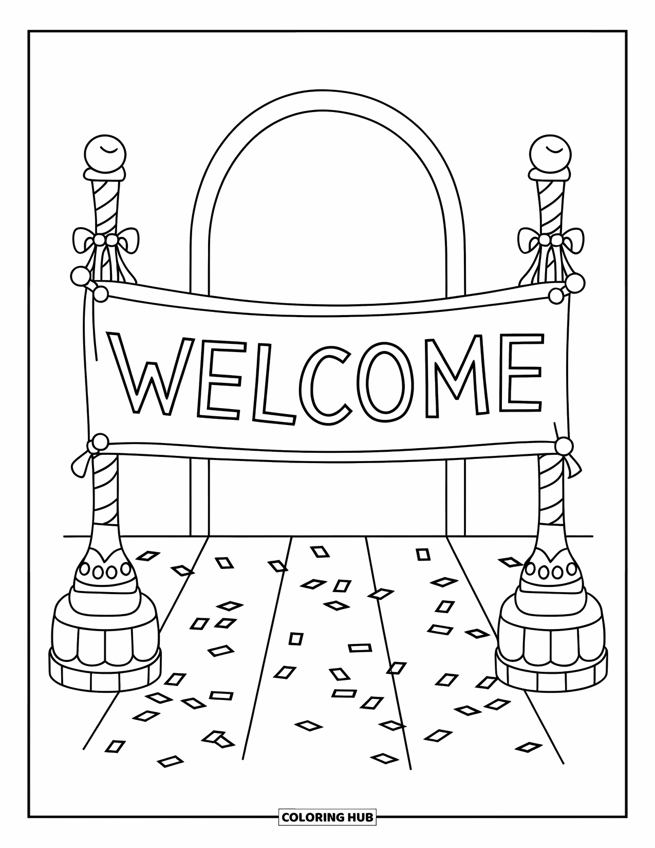 Welcome Coloring Page for Kids: A "WELCOME" banner stretches between poles above scattered confetti
