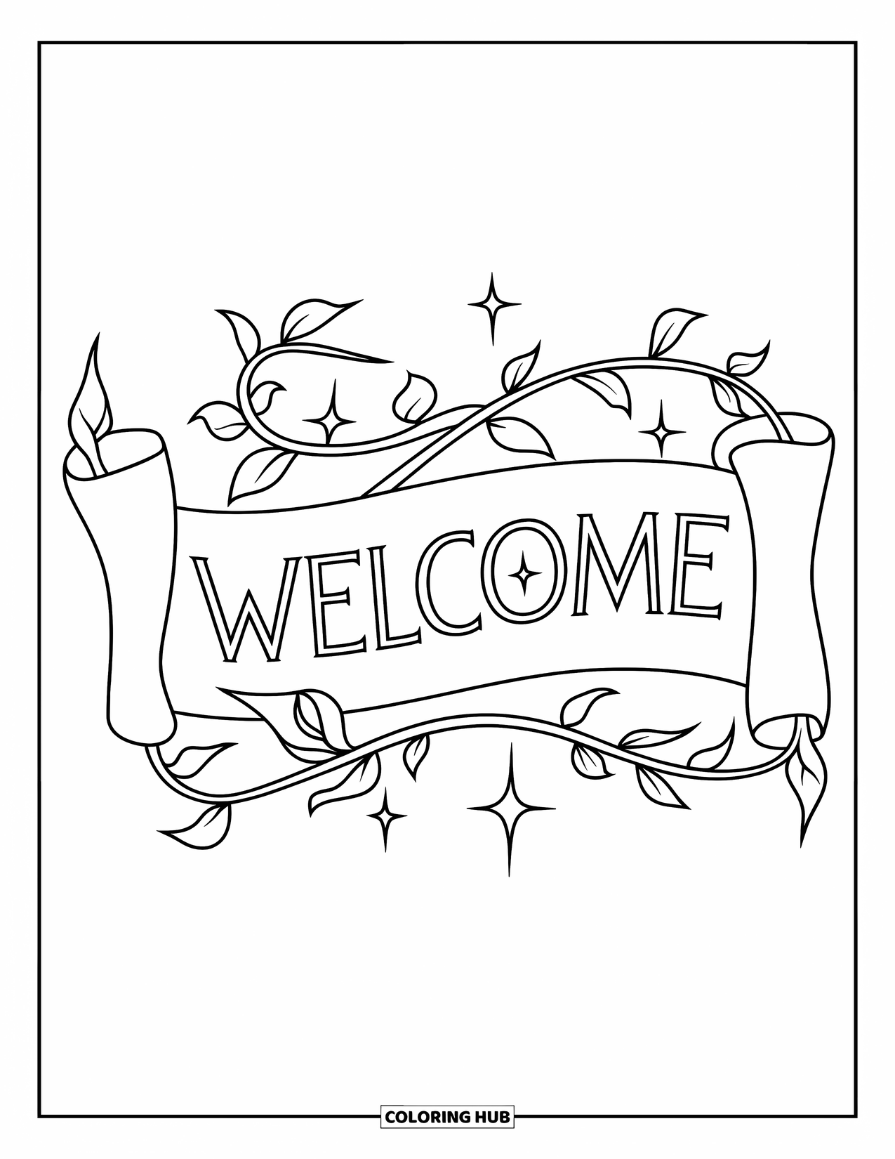 Welcome Coloring Page for Kids: A "WELCOME" scroll wrapped in vines glows with magical sparkles