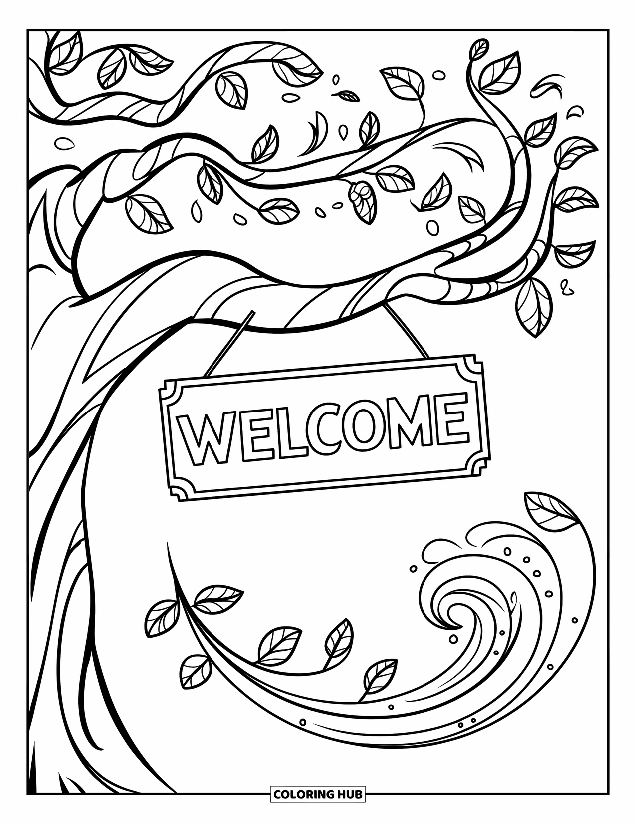 Welcome Coloring Page for Kids: A "WELCOME" sign hangs from a leafy, swirling tree branch