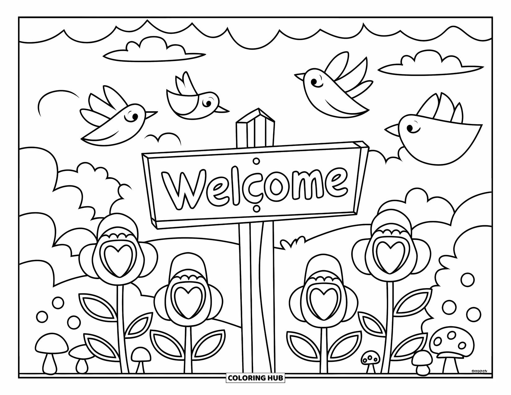 Welcome Coloring Page for Kids: A "WELCOME" signpost stands surrounded by flowers and fluffy clouds