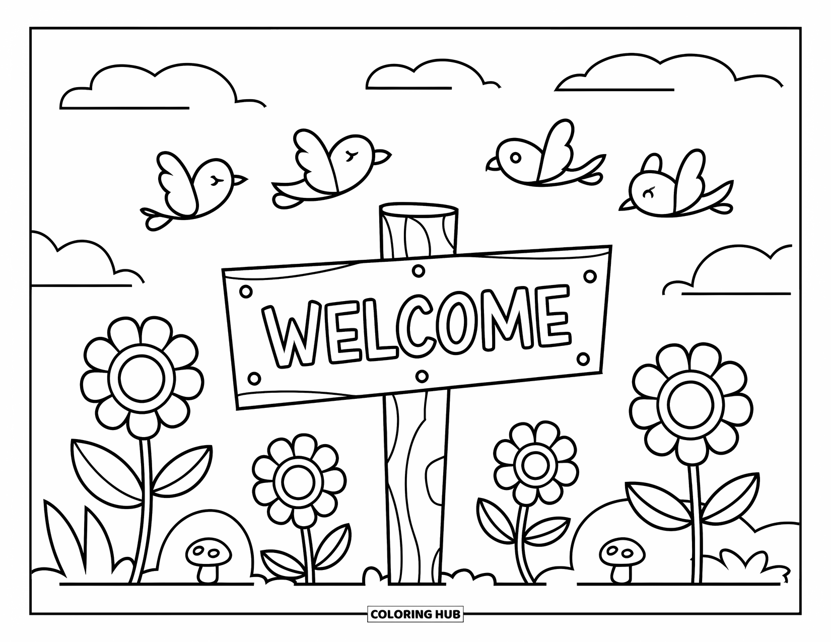 Welcome Coloring Page for Kids: A wooden "WELCOME" sign sits among flowers, bushes, and mushrooms