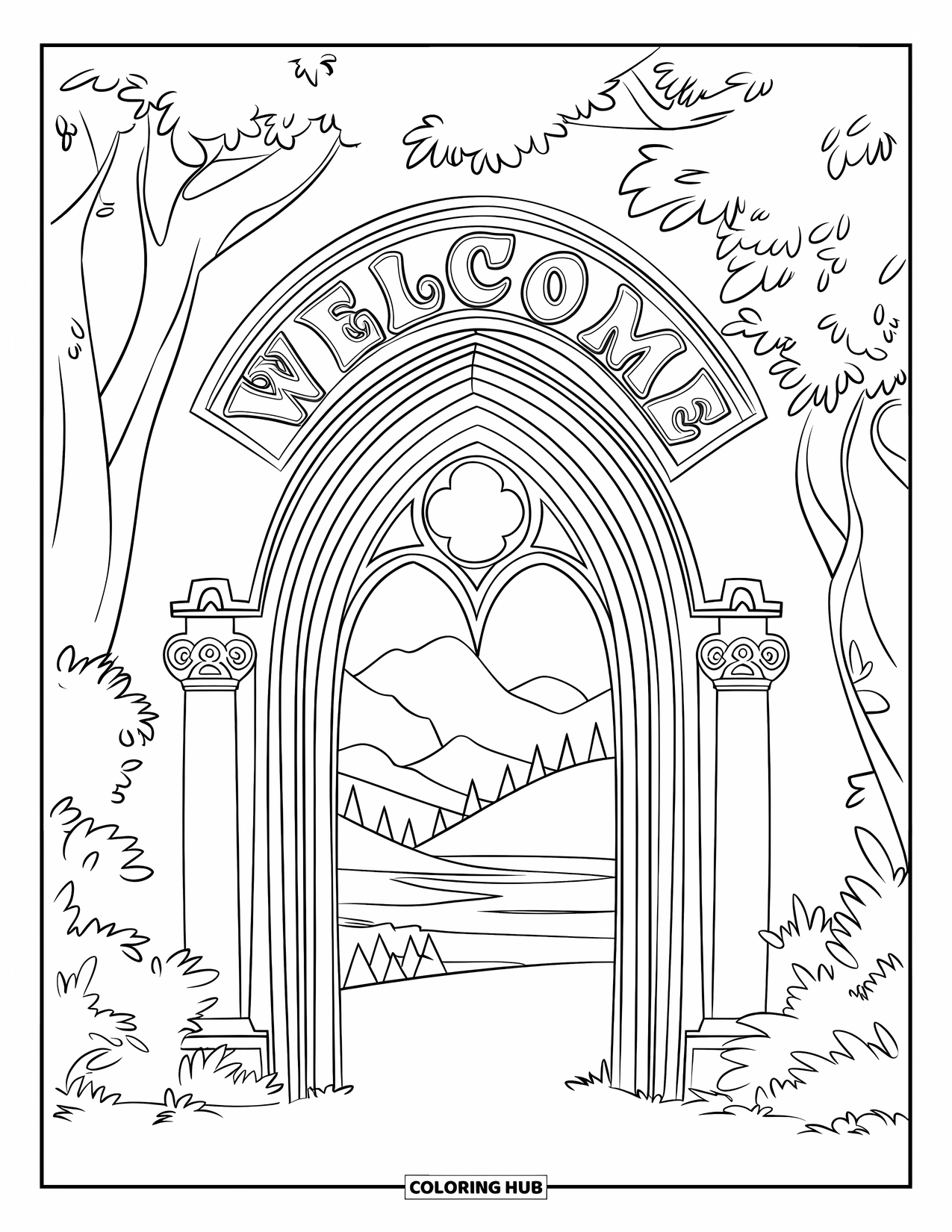 Welcome Coloring Page for Kids: An arched doorway with "WELCOME" glows amid trees and a calm landscape