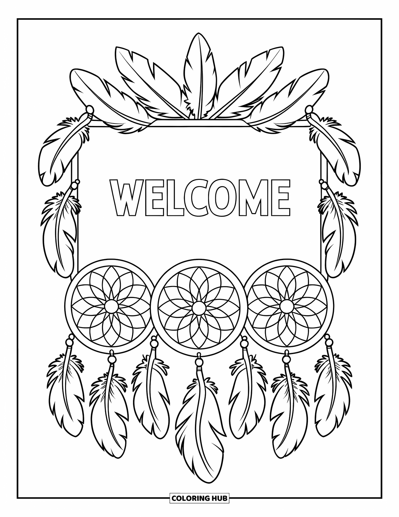 Welcome Coloring Page for Kids: Dreamcatchers and feathers frame a centered "WELCOME" message