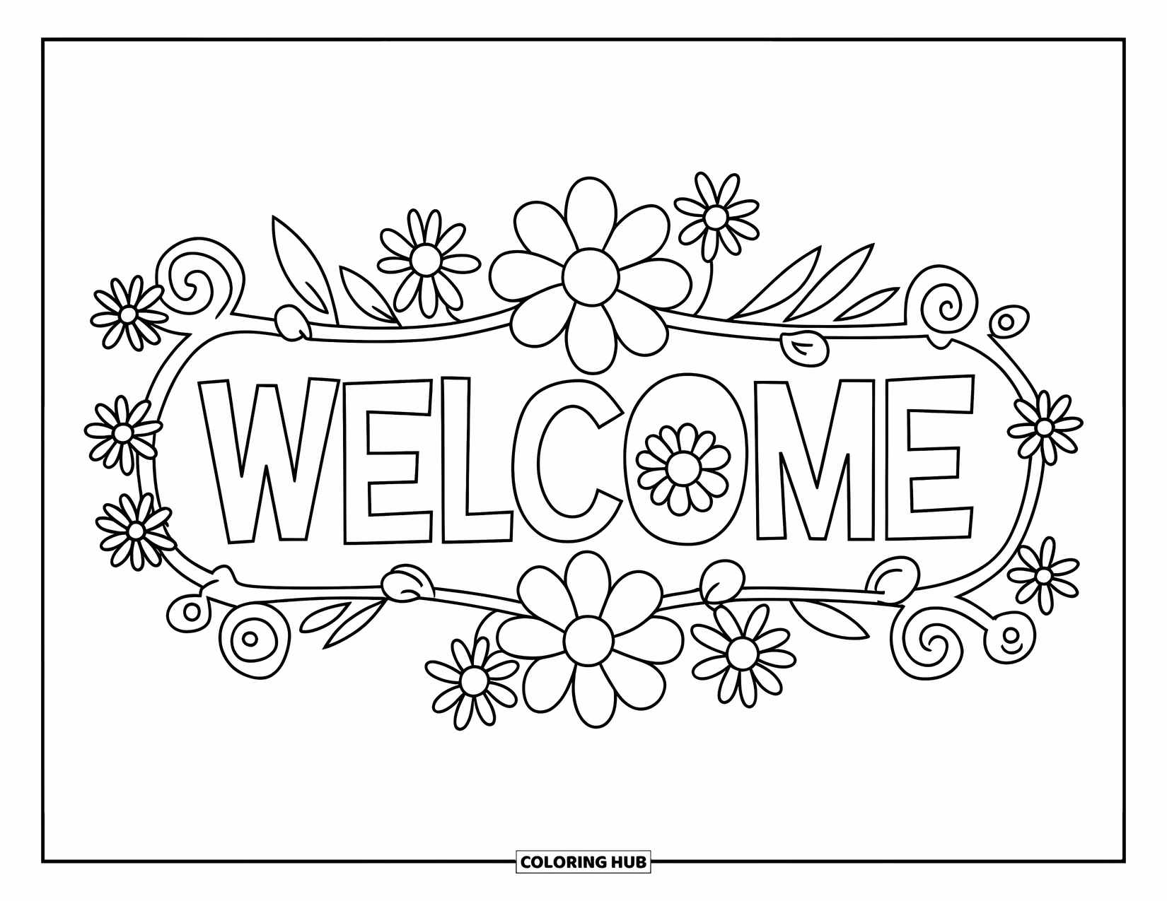 Welcome Coloring Page for Kids: Flowers and swirls surround a cheerful, easy-to-color "WELCOME"
