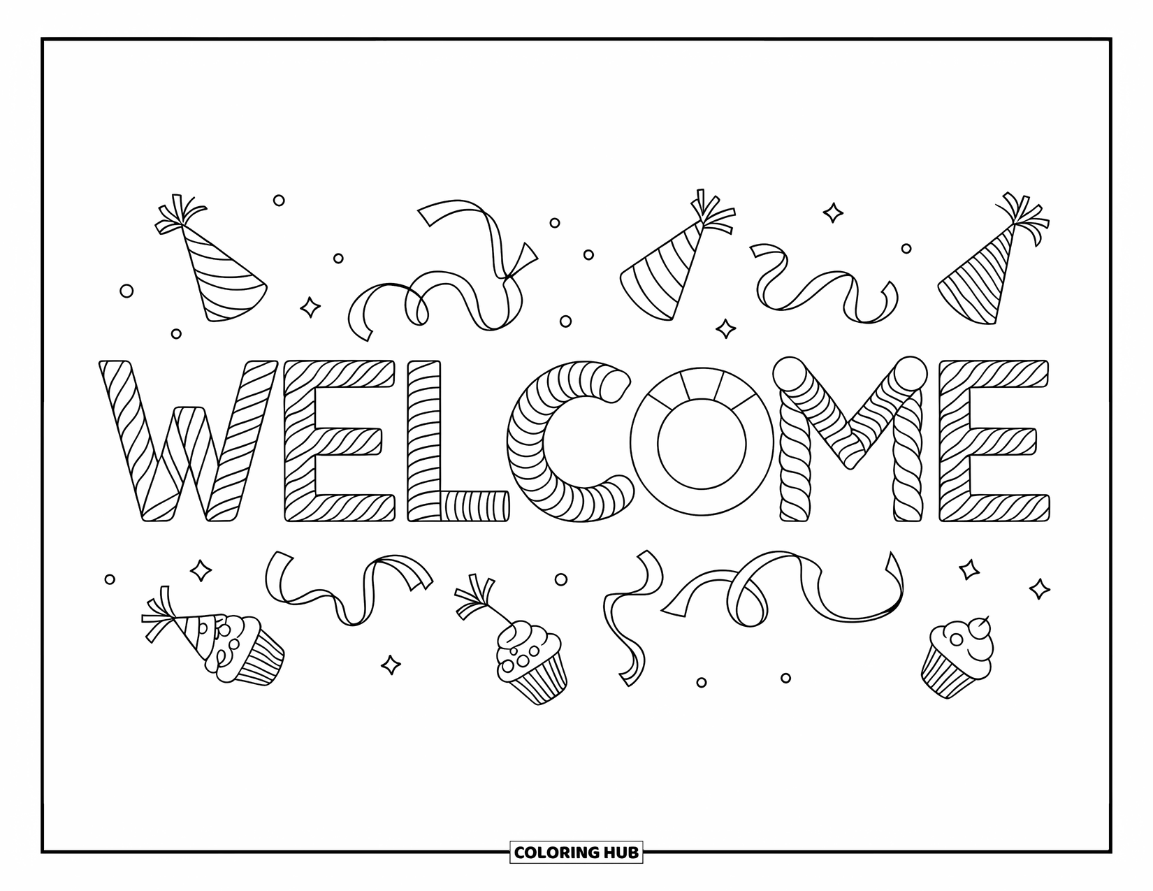 Welcome Coloring Page for Kids: Streamers and cupcakes frame a "WELCOME" party banner
