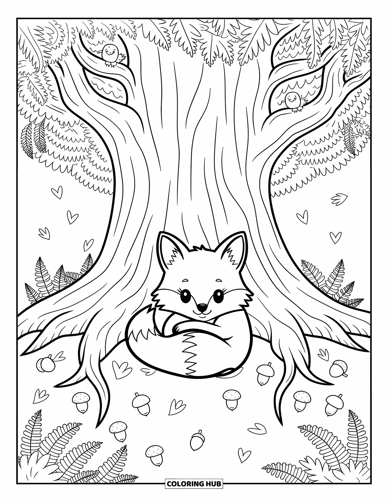 Wildlife Coloring Page for Adults: A cozy fox resting under a big tree with birds and ferns nearby