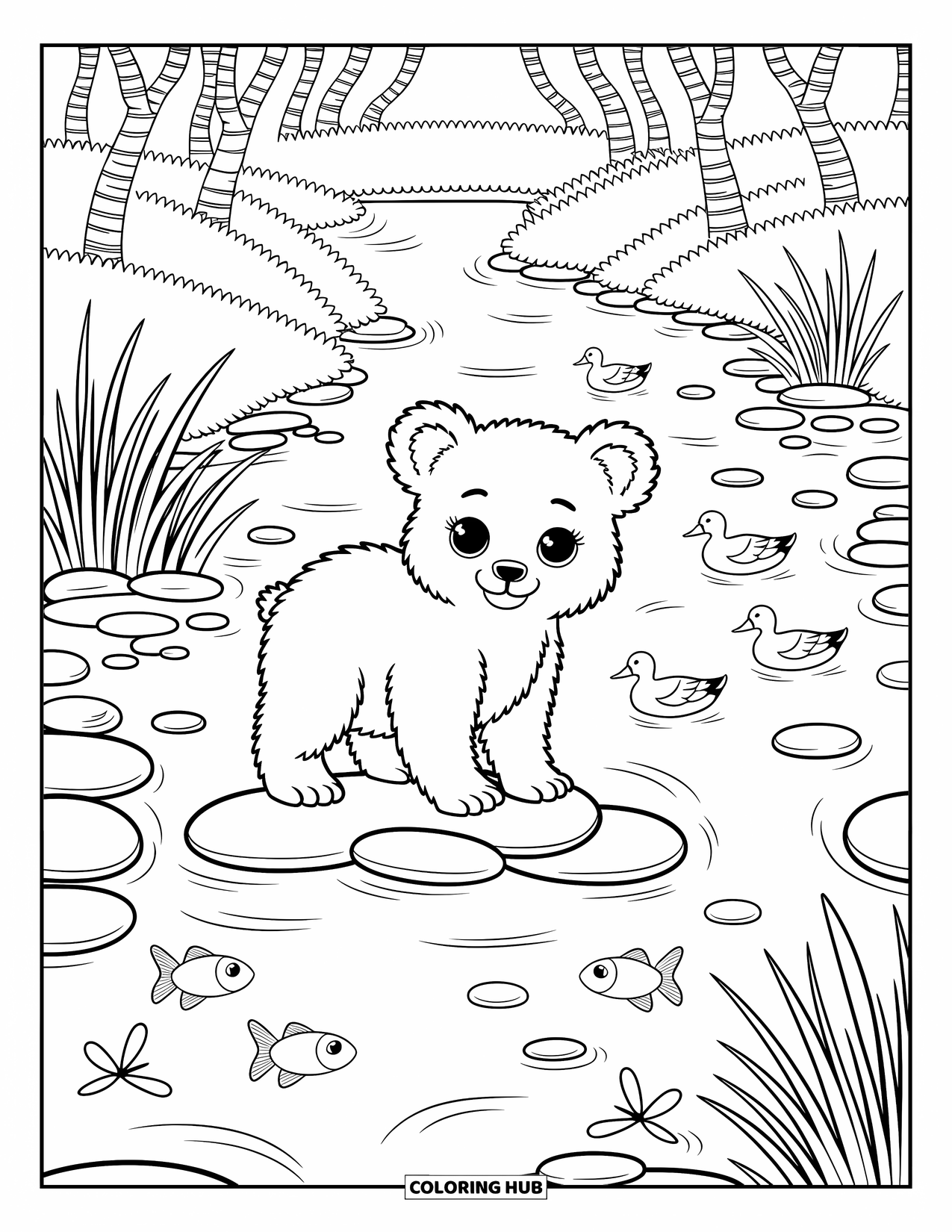 Wildlife Coloring Page for Adults: A curious bear cub standing by a calm river filled with fish and ducks