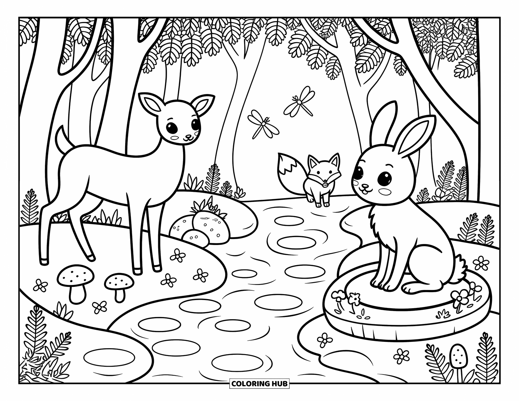 Wildlife Coloring Page for Adults: A deer, fox, and rabbit gathered peacefully by a quiet forest stream