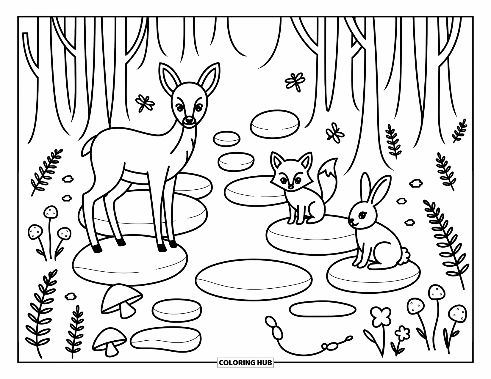 Wildlife Coloring Page for Adults: A deer, fox, and rabbit sitting together beside a soft, flowing stream