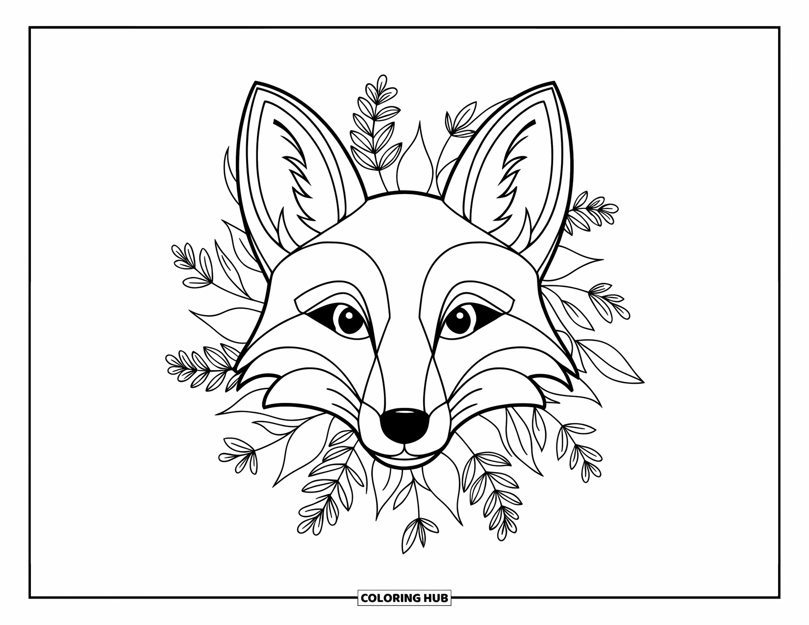 Wildlife Coloring Page for Adults: A fox framed by delicate leaves and wildflowers in a mandala