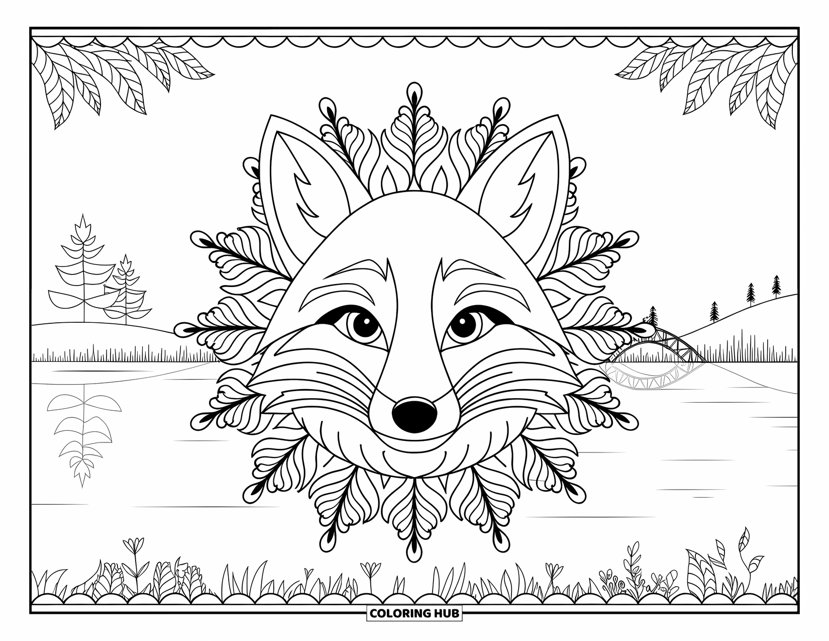Wildlife Coloring Page for Adults: A fox within a floral mandala set against a calm lakeside view