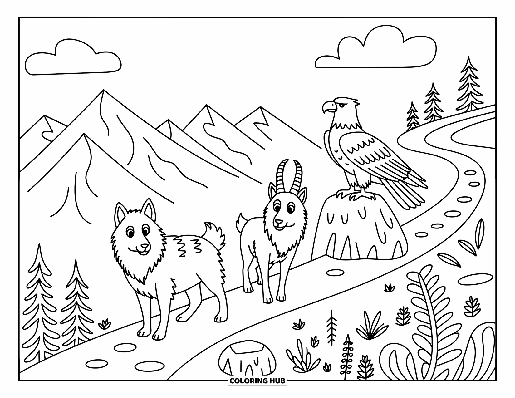 Wildlife Coloring Page for Adults: A friendly wolf, goat, and eagle enjoying a calm walk through the mountains