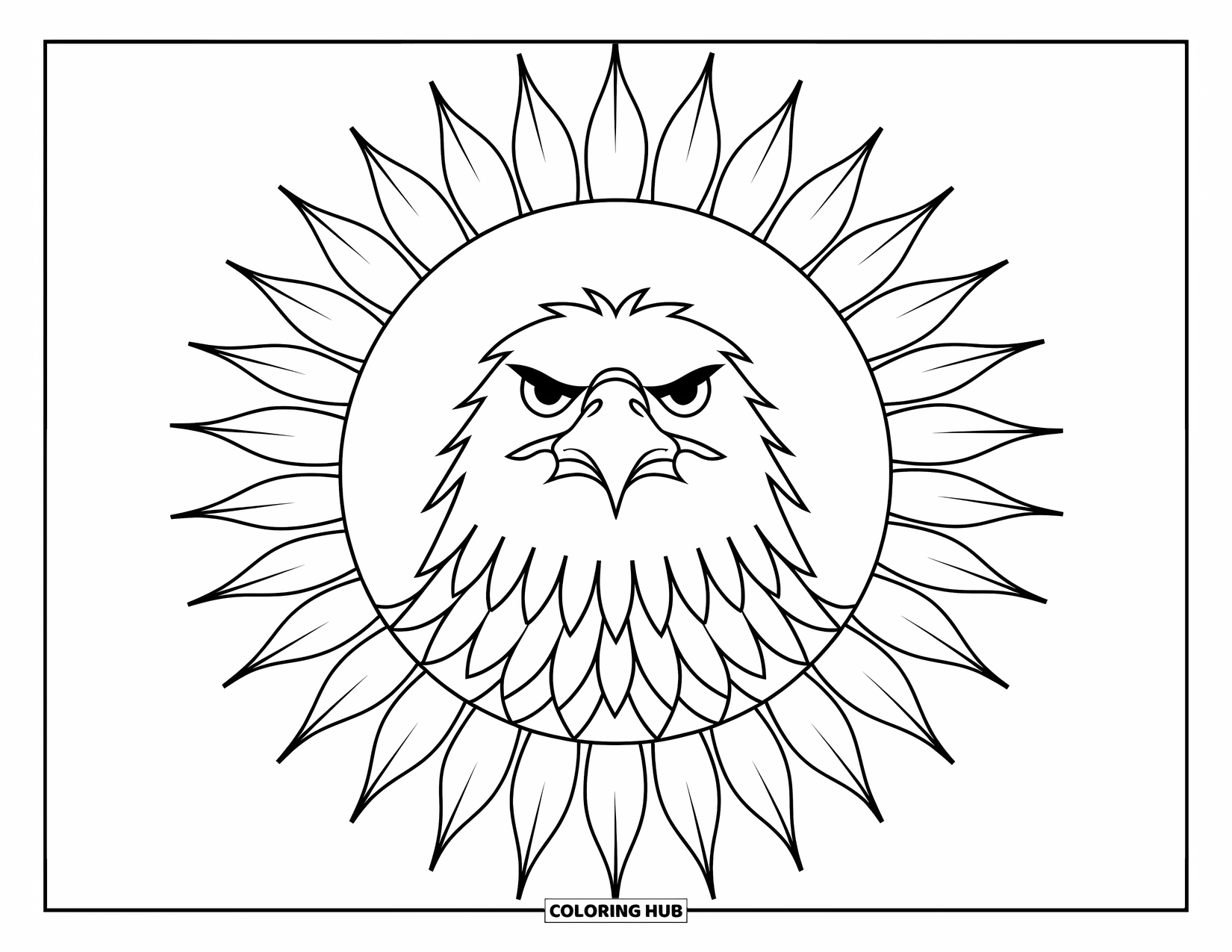 Wildlife Coloring Page for Adults: A peaceful eagle framed by a glowing sunburst of feathers