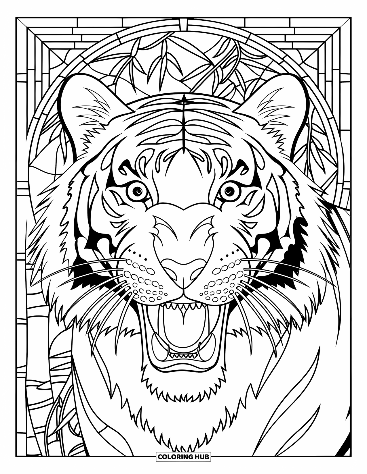 Wildlife Coloring Page for Adults: A roaring tiger framed by stained-glass bamboo and swirling vines