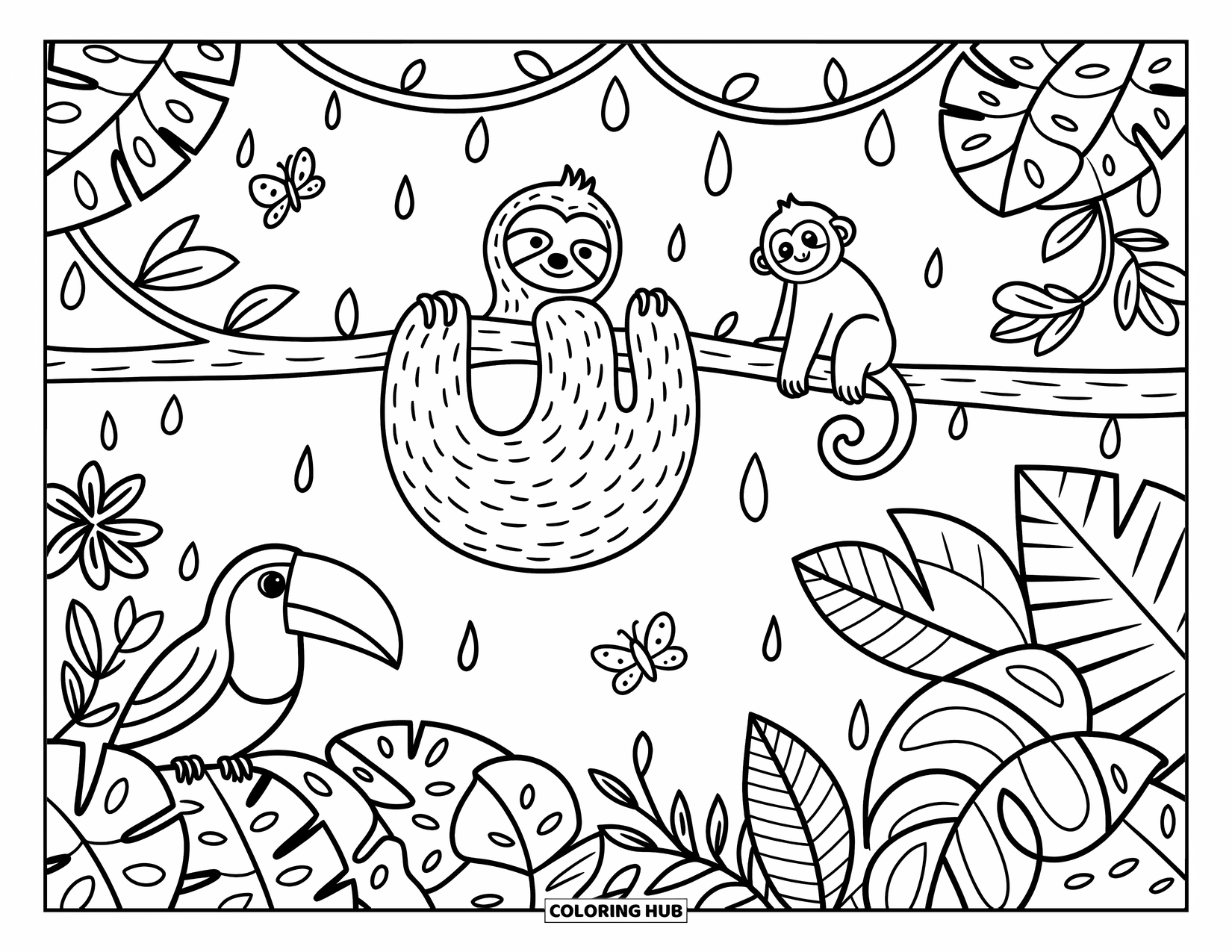 Wildlife Coloring Page for Adults: A sloth, monkey, and toucan relaxing among leaves and tropical blooms