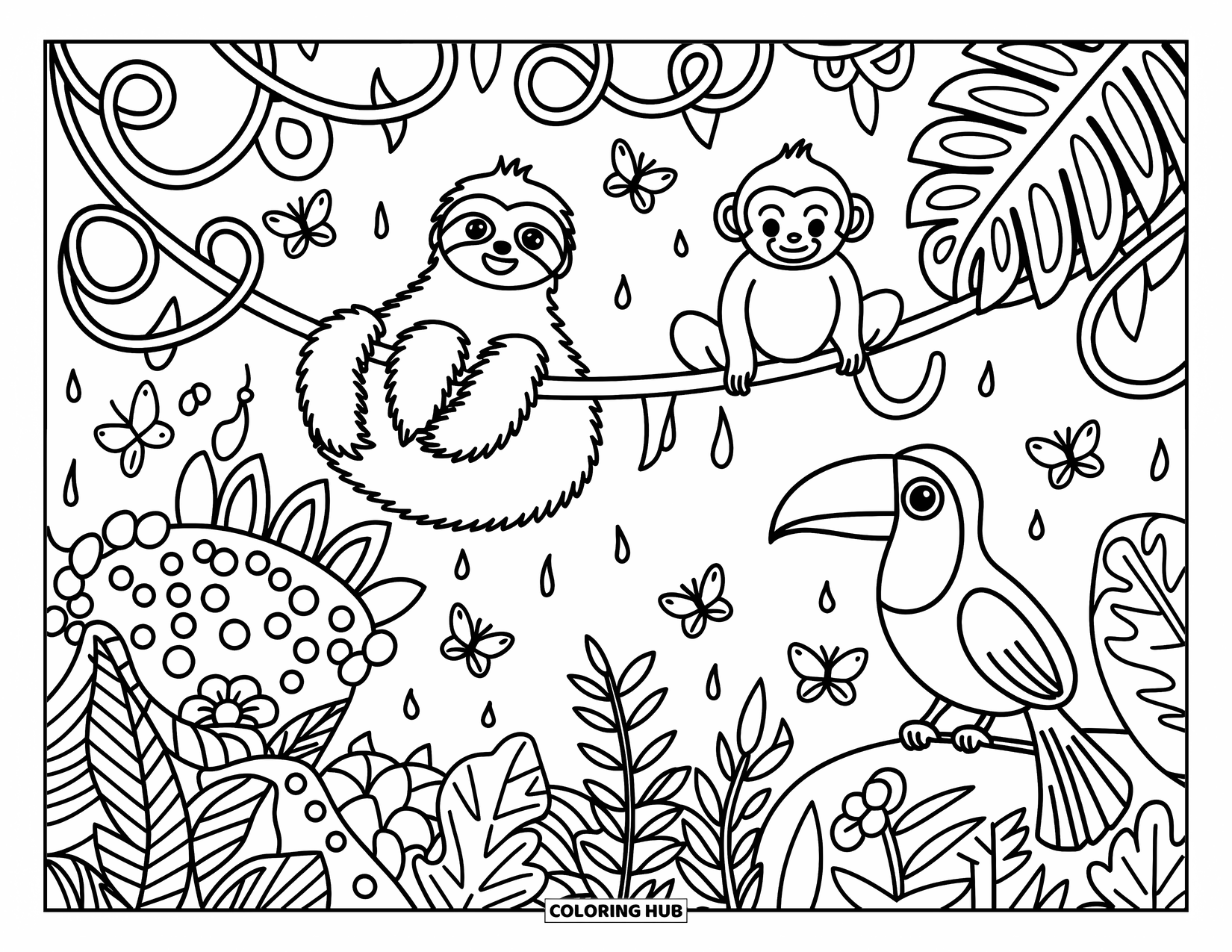 Wildlife Coloring Page for Adults: A sloth, monkey, and toucan resting together among lush tropical leaves