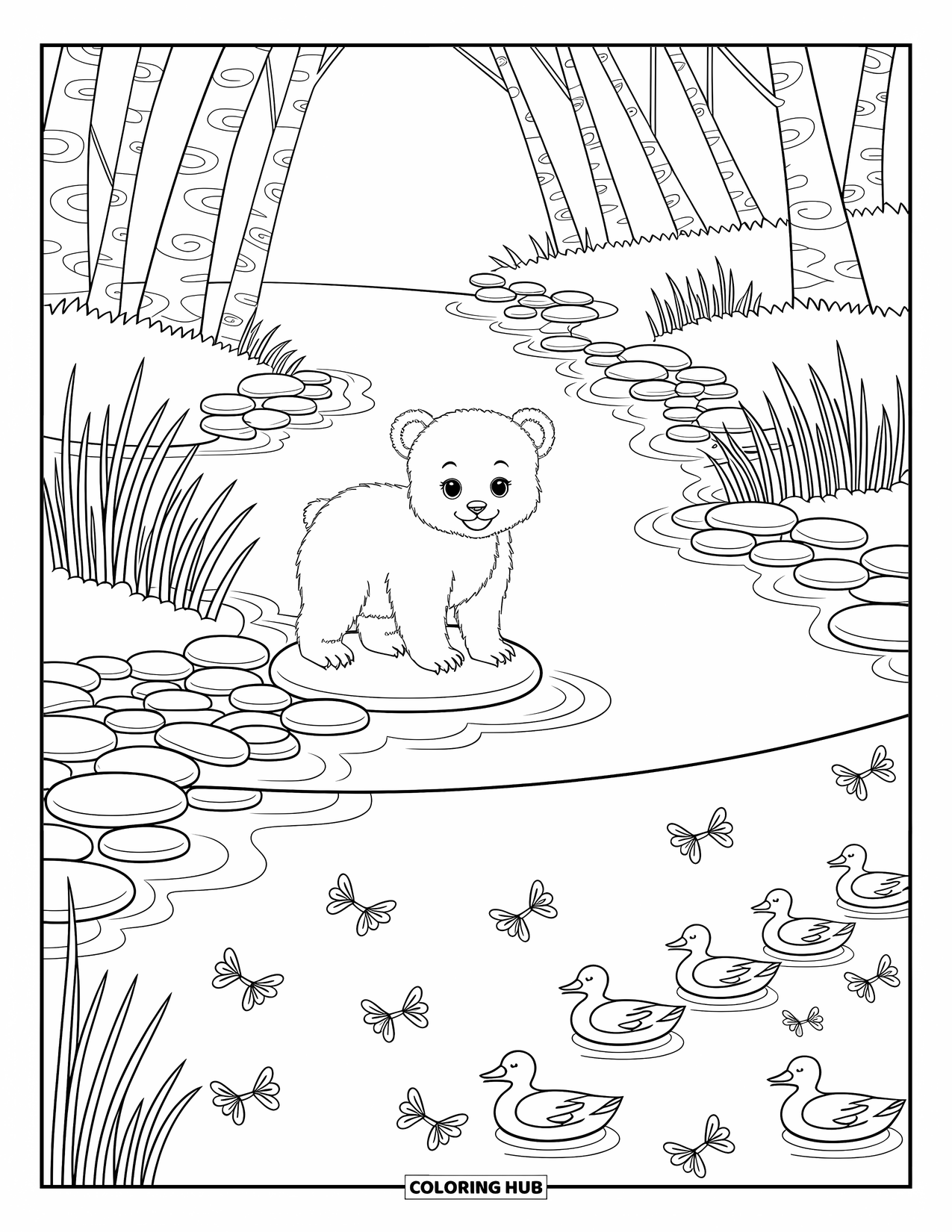 Wildlife Coloring Page for Adults: A small bear cub exploring a quiet riverside with reeds and ducks