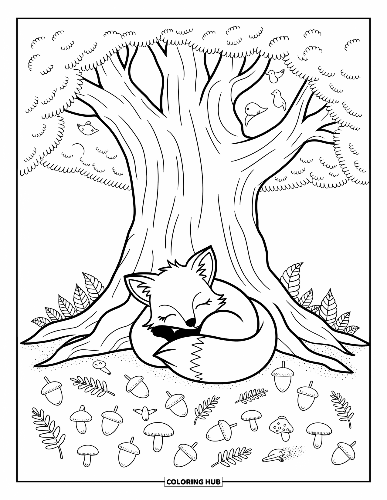 Wildlife Coloring Page for Adults: A tiny fox curled beneath a tree surrounded by acorns and mushrooms
