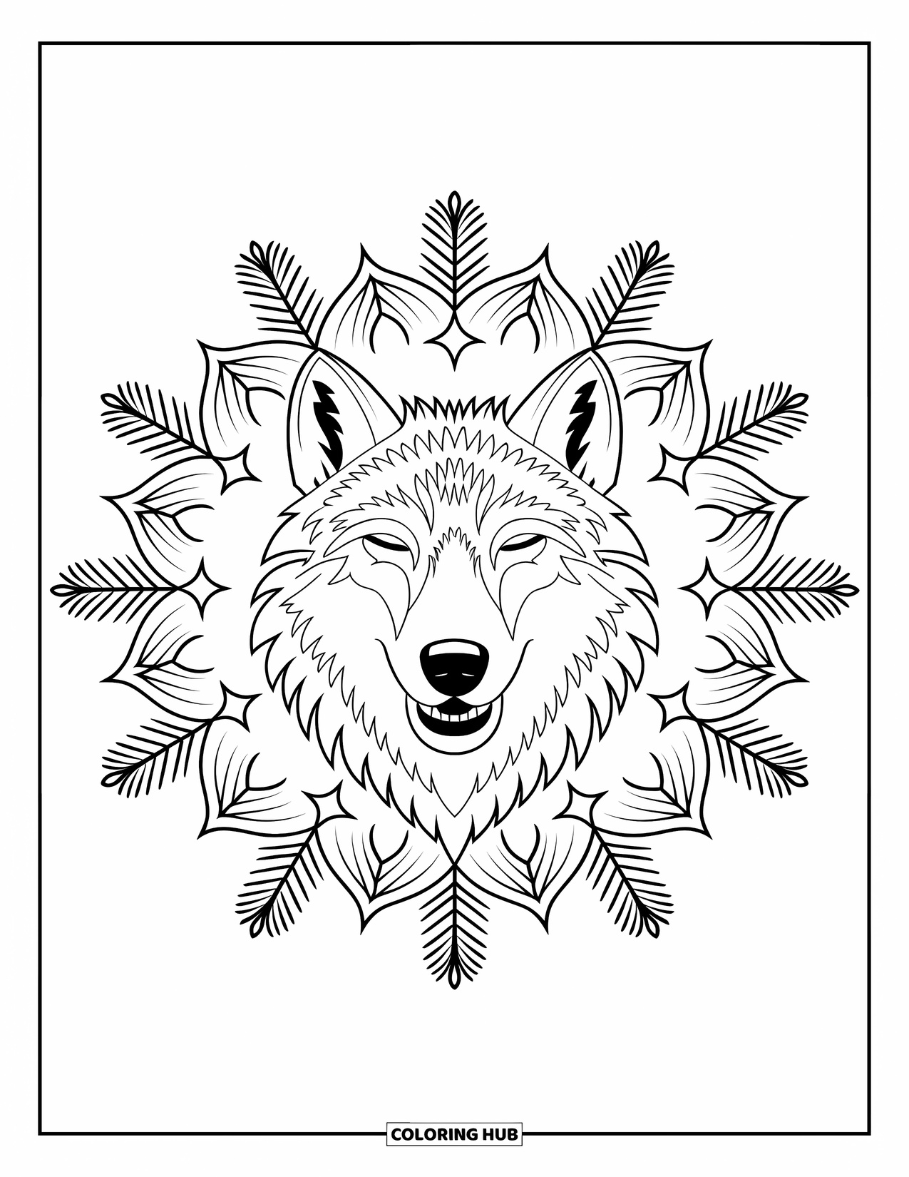 Wildlife Coloring Page for Adults: A wolf with closed eyes howling amid stars and pine branches