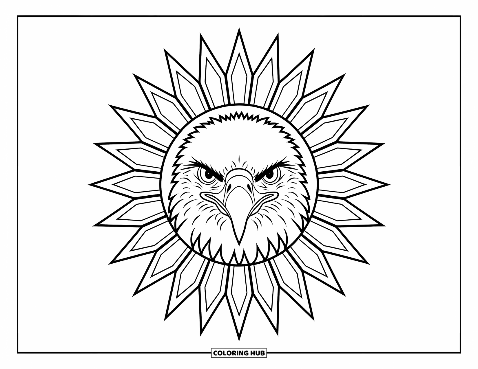 Wildlife Coloring Page for Adults: An eagle's sharp gaze enclosed in a radiant sunburst pattern