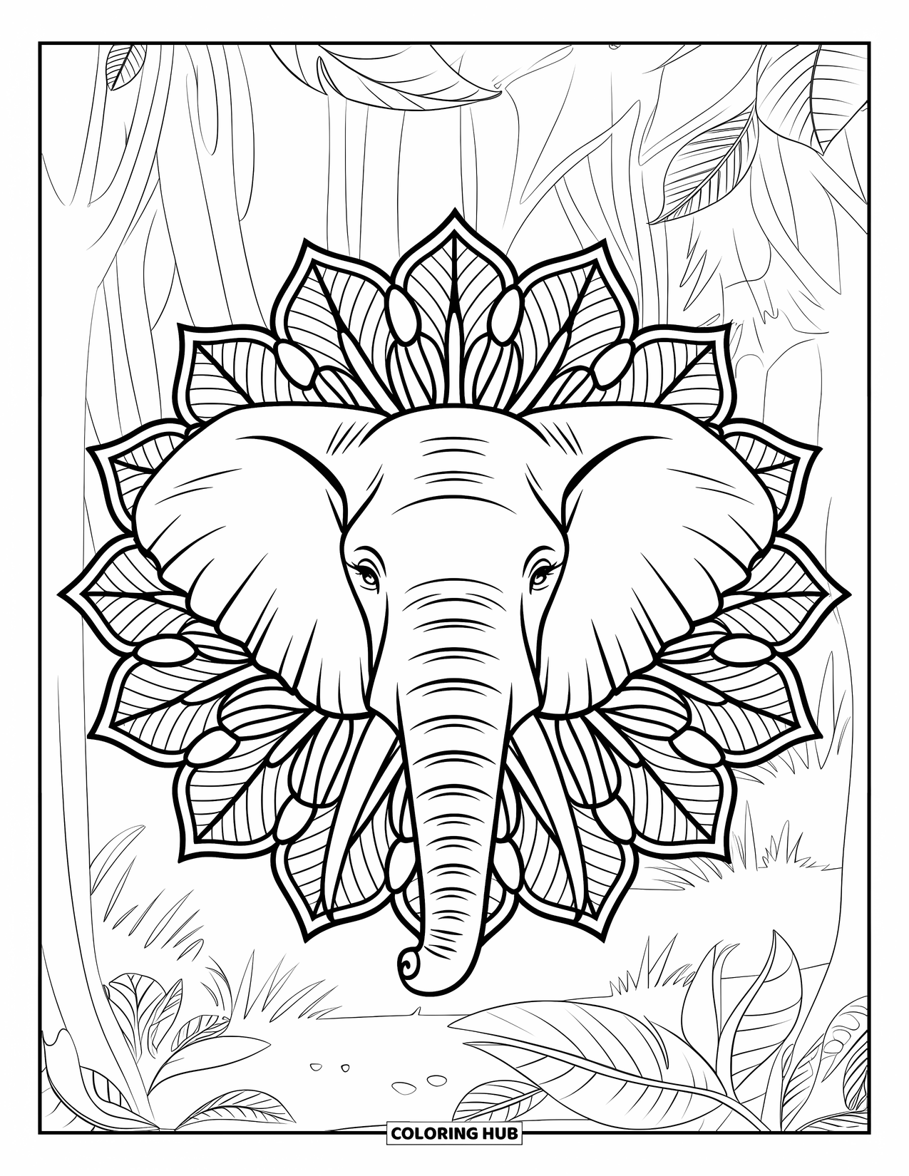 Wildlife Coloring Page for Adults: An elephant framed by lotus petals and tall jungle trees