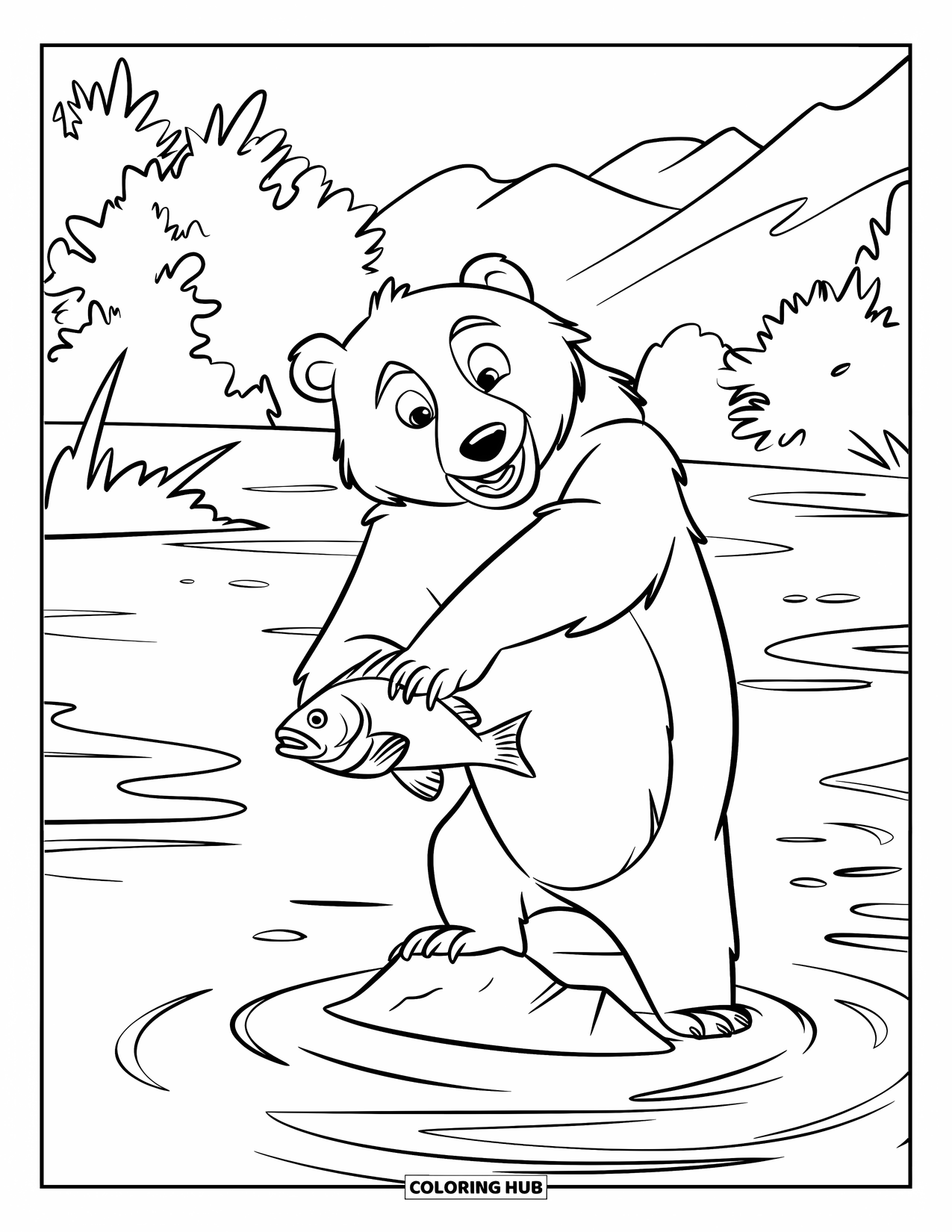 Wildlife Coloring Page for Kids: A bear catching a fish while standing on rocks in a flowing river