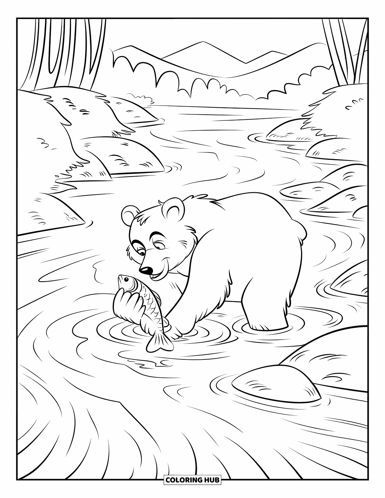 Wildlife Coloring Page for Kids: A bear fishing in a mountain river surrounded by tall trees